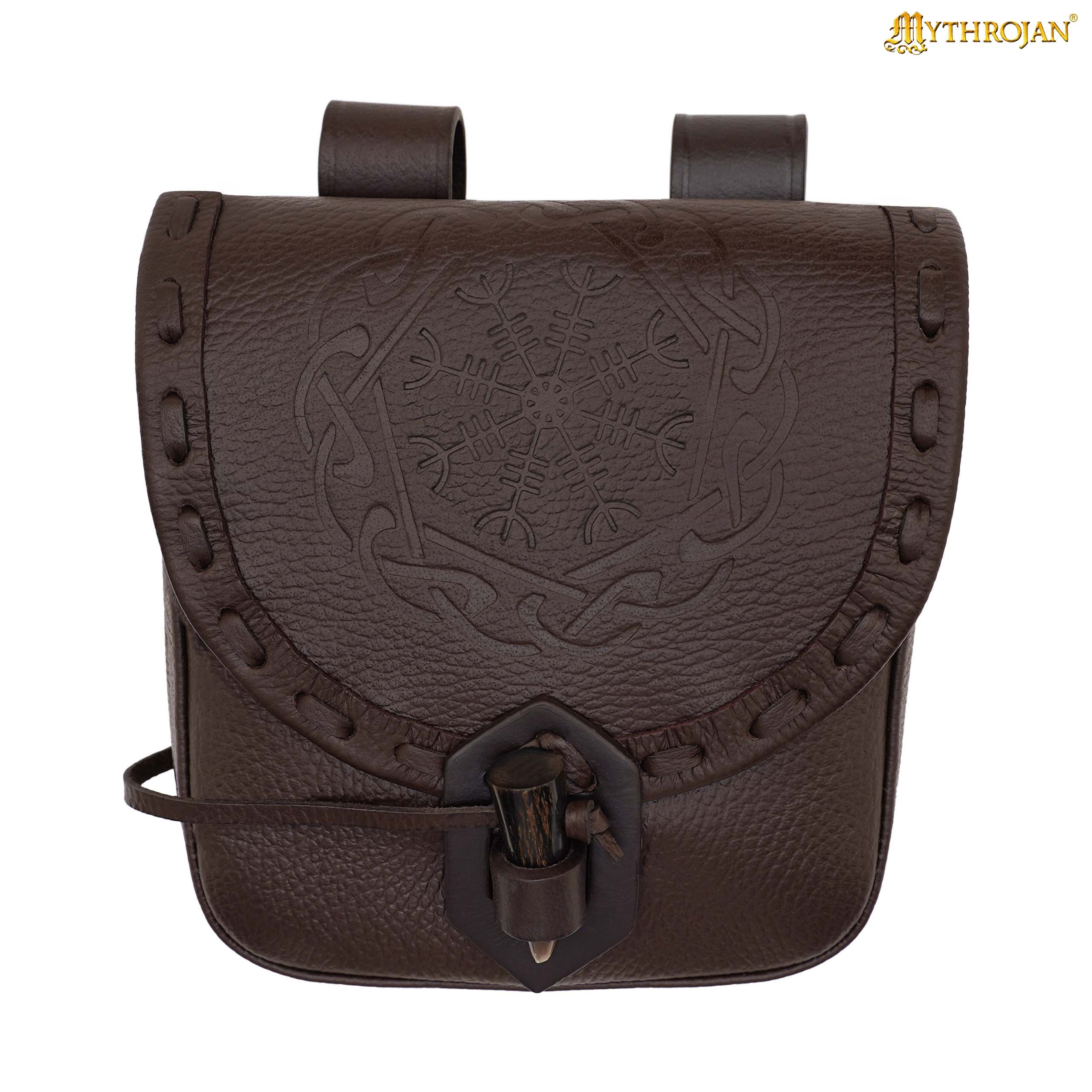 Mythrojan “The Adventurer’s” Belt Bag with Horn Toggle, ideal for SCA LARP reenactment & Ren fair, Full Grain Leather, Black 7”