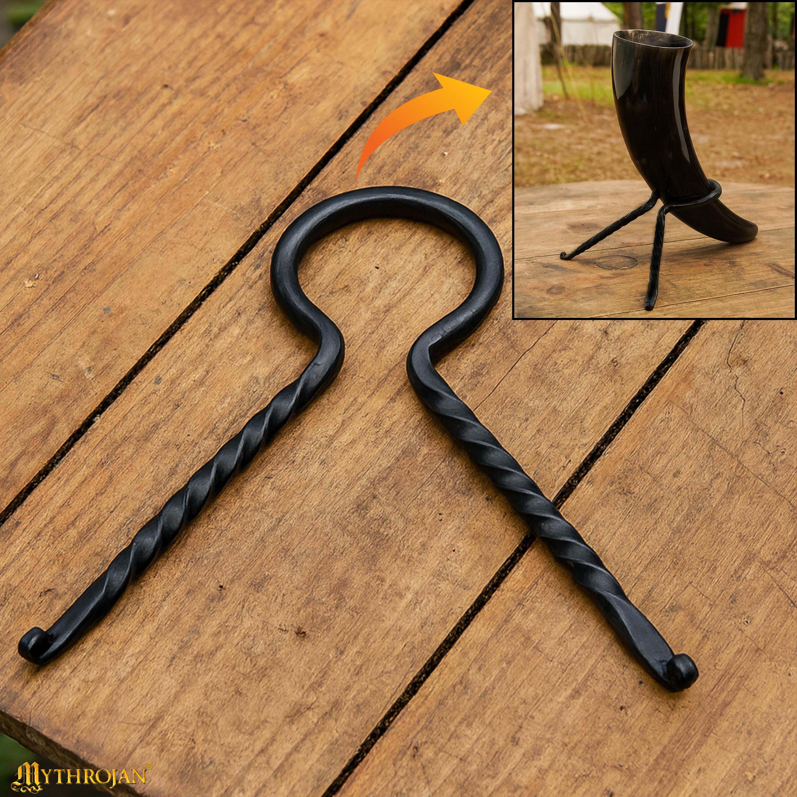 Mythrojan Hand Forged Drinking Ale Horn Rack Twisted Iron Ale Mead Horn Stand Medieval & Viking - Viking