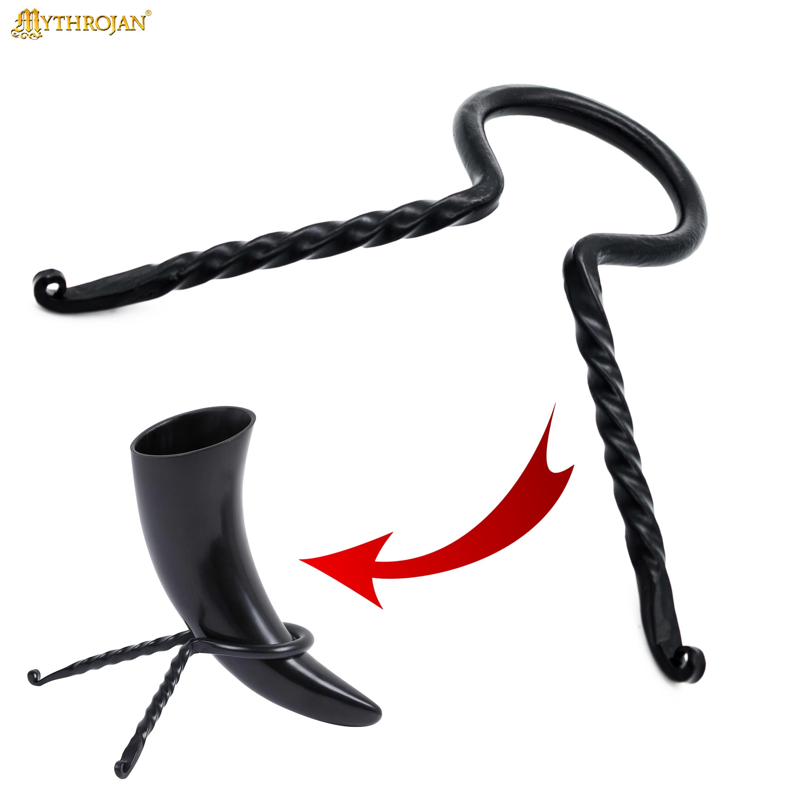 Mythrojan Hand Forged Drinking Ale Horn Rack Twisted Iron Ale Mead Horn Stand Medieval & Viking - Viking