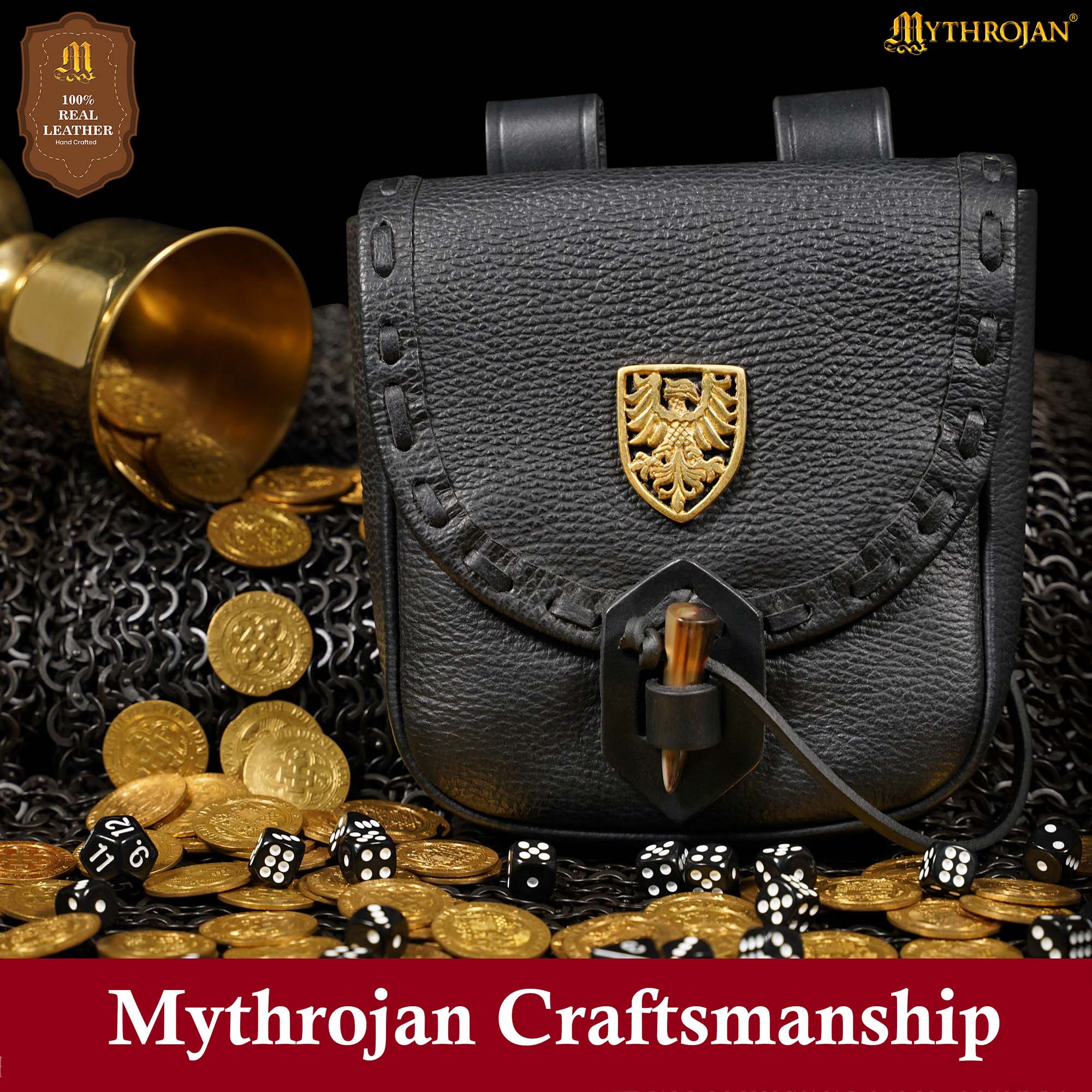 Mythrojan “The Adventurer’s” Belt Bag with Solid Brass Eagle Decoration , Ideal for SCA LARP Reenactment & Ren fair, Full Grain Leather, Black , 8”x 7”