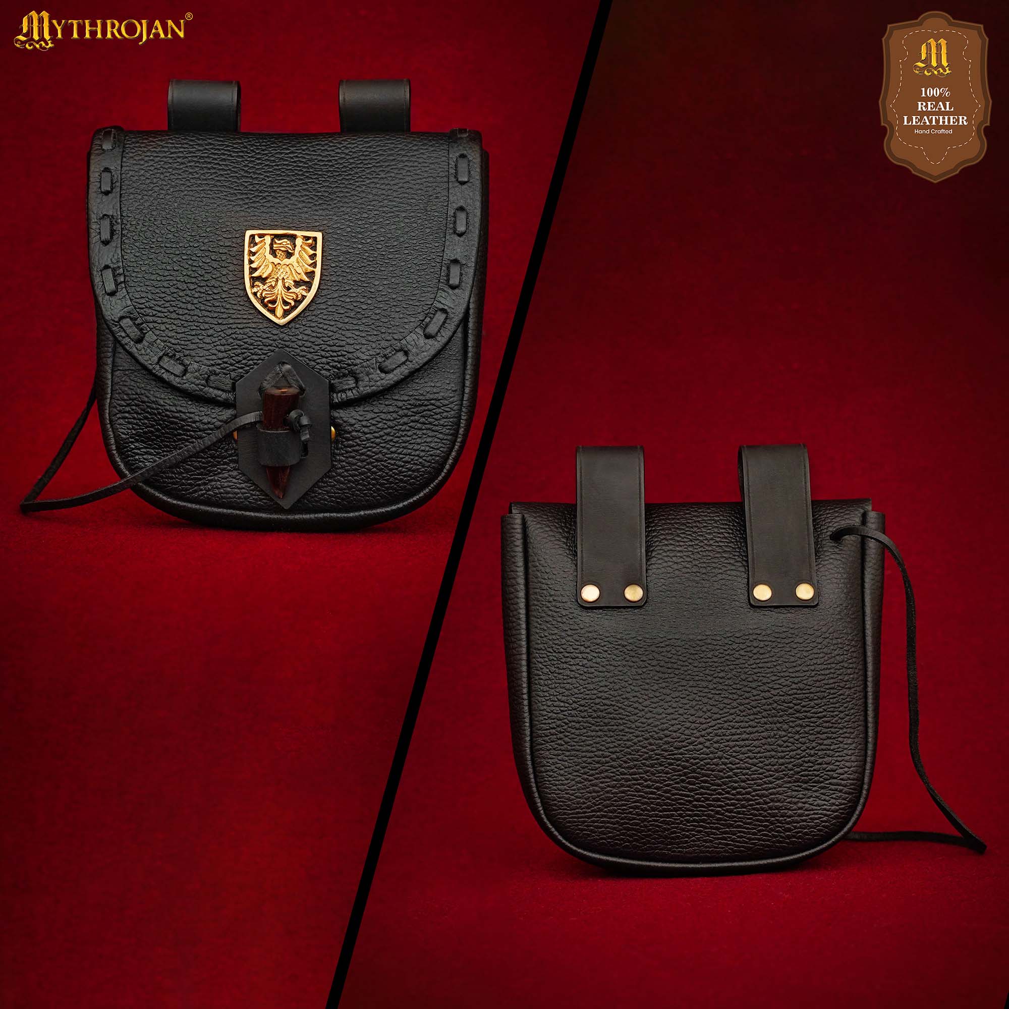 Mythrojan “The Adventurer’s” Belt Bag with Solid Brass Eagle Decoration , Ideal for SCA LARP Reenactment & Ren fair, Full Grain Leather, Black , 8”x 7”