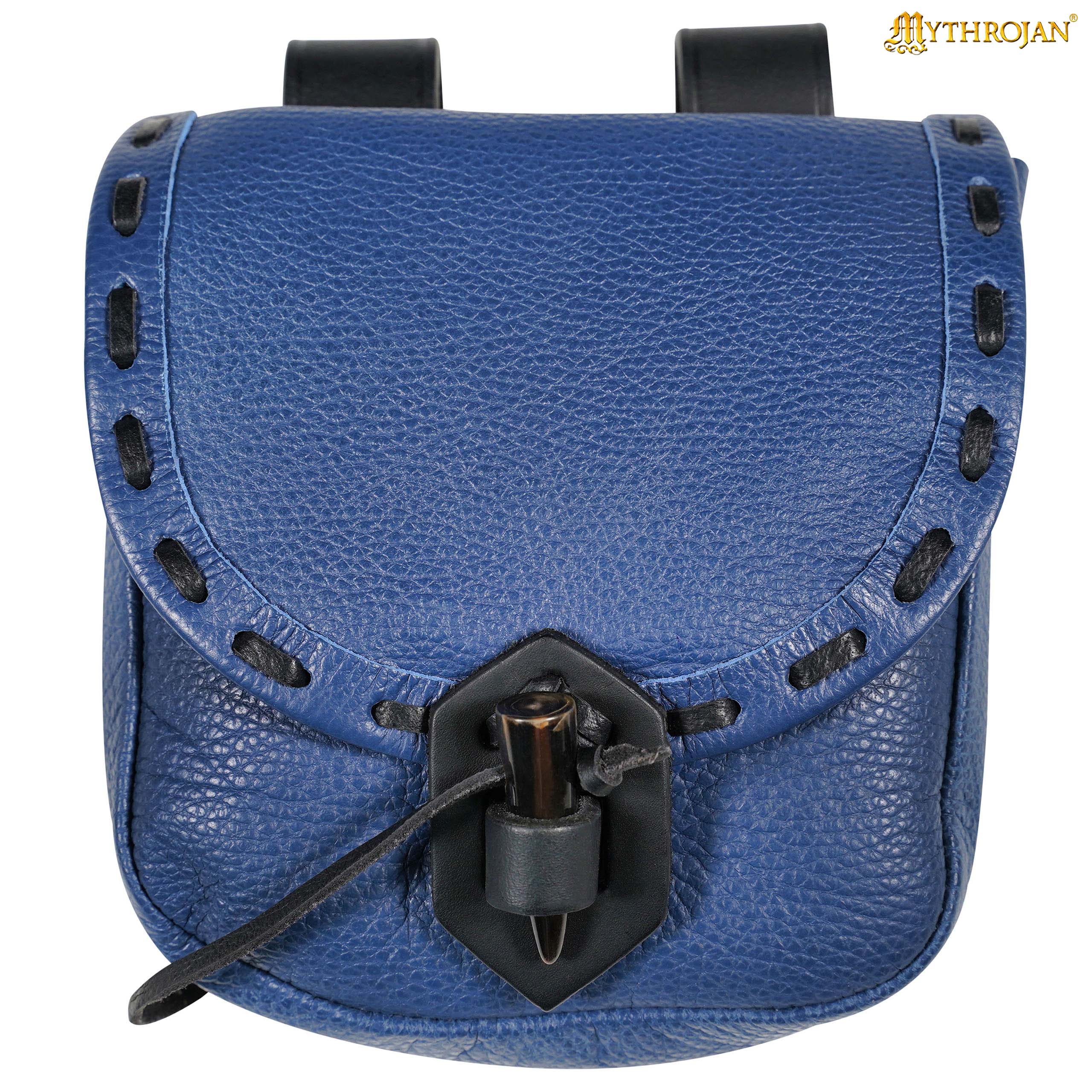 Mythrojan “The Adventurer’s” Belt Bag with Horn Toggle, Ideal for SCA LARP Reenactment & Ren fair, Full Grain Leather, Blue, 8”x 7”