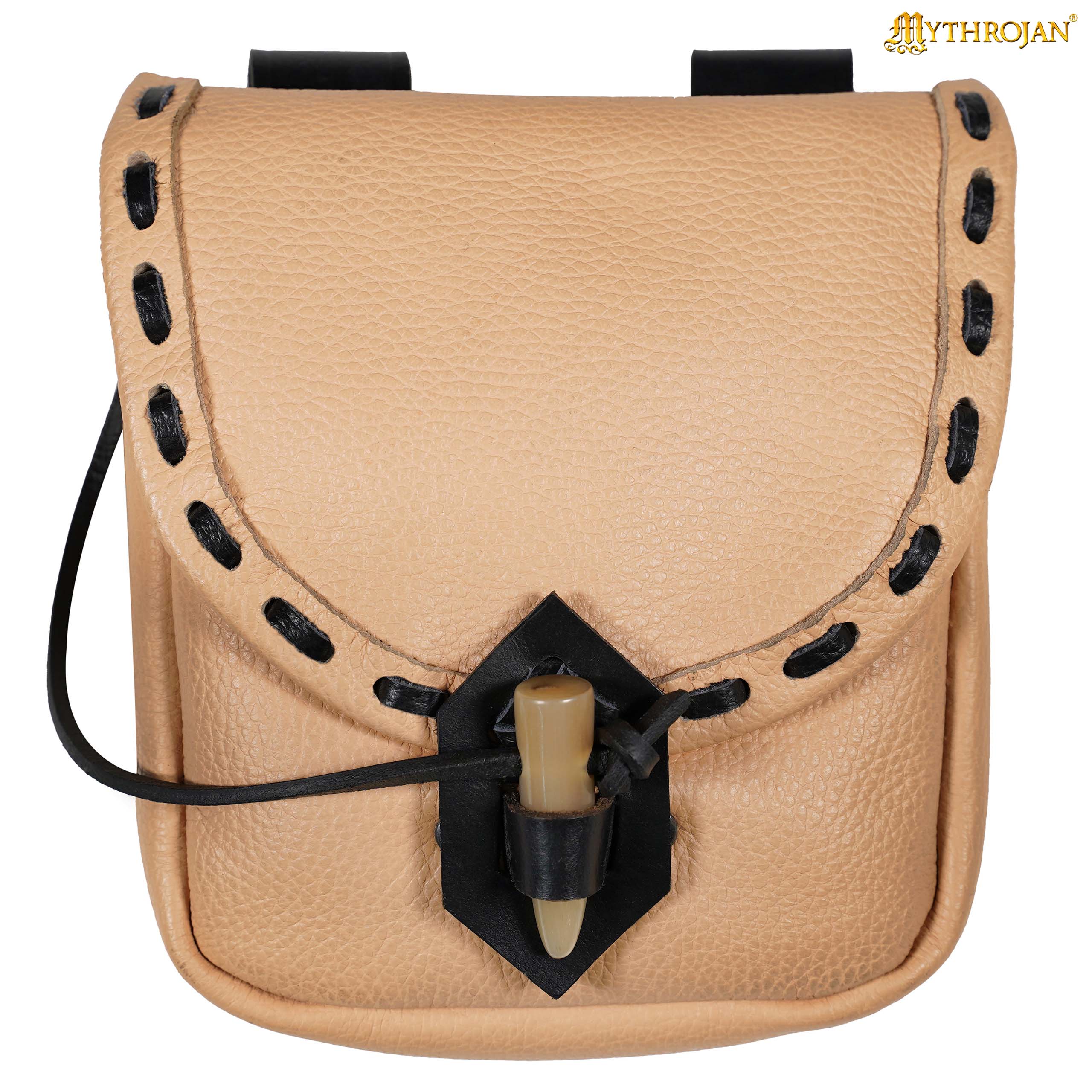 Mythrojan “The Adventurer’s” Belt Bag with Horn Toggle, Ideal for SCA LARP Reenactment & Ren fair, Full Grain Leather, Natural, 8”x 7”