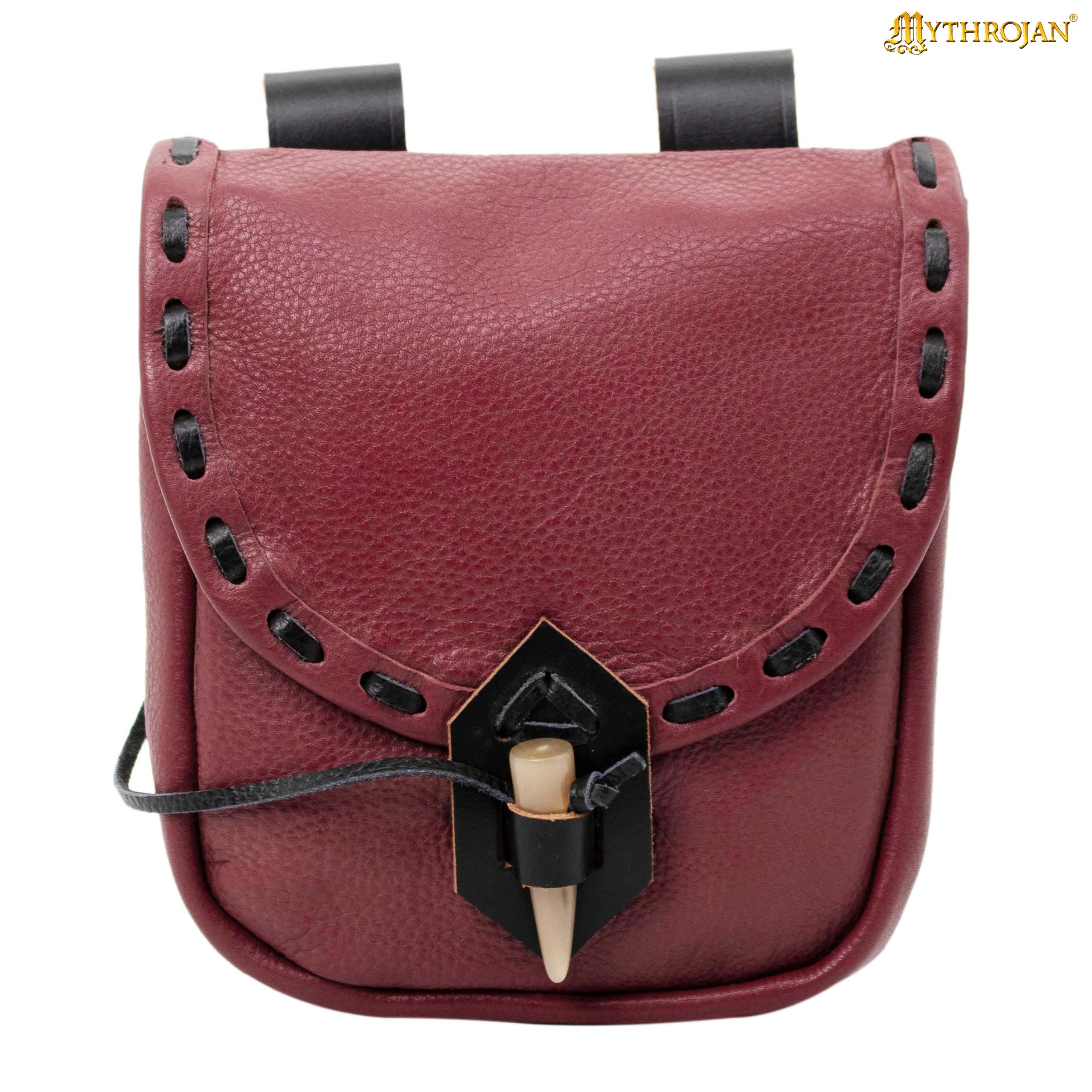 Mythrojan “The Adventurer’s” Belt Bag with Horn Toggle, Ideal for SCA LARP Reenactment & Ren Fair, Full Grain Leather, Wine Red 7”