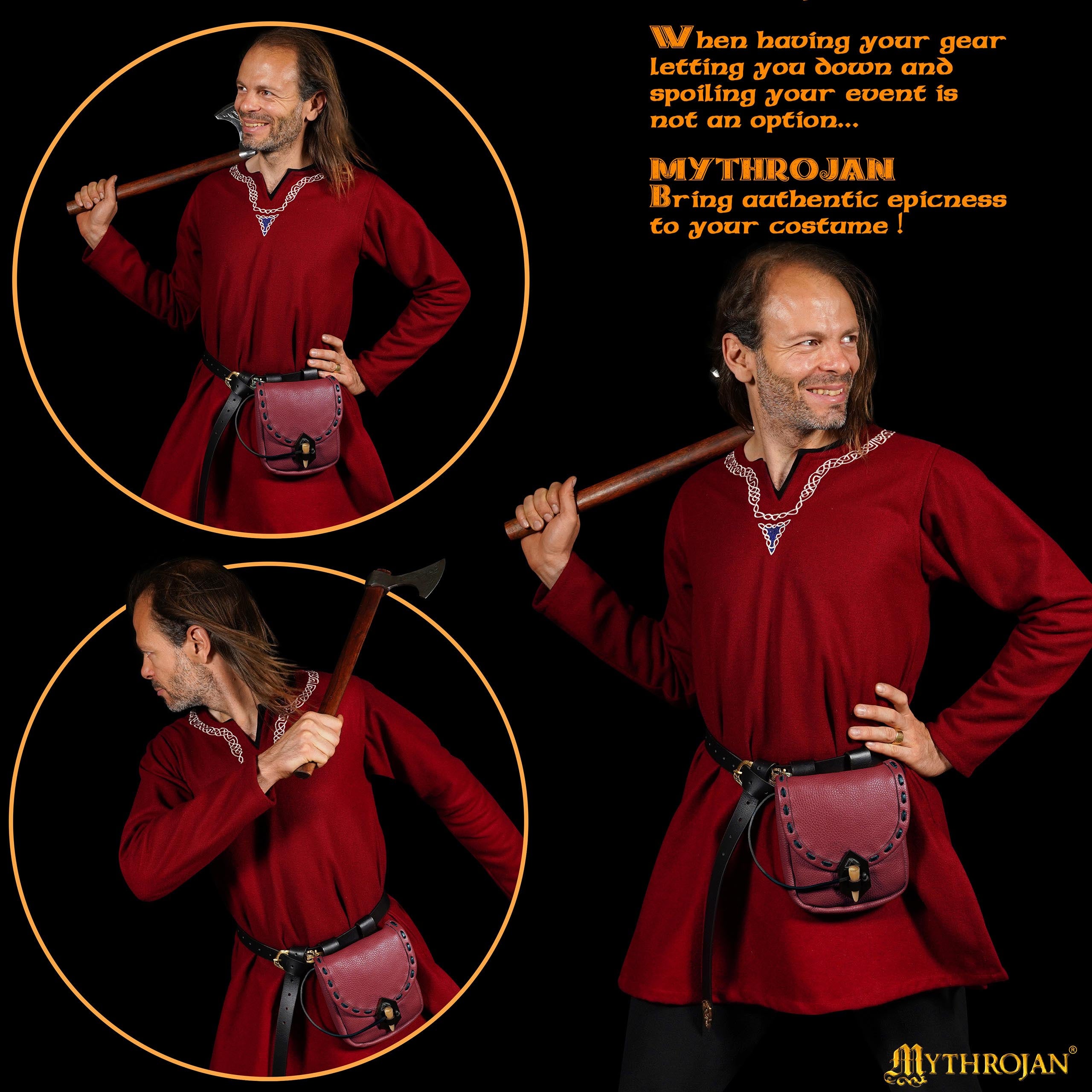 Mythrojan “The Adventurer’s” Belt Bag with Horn Toggle, Ideal for SCA LARP Reenactment & Ren Fair, Full Grain Leather, Wine Red 7”