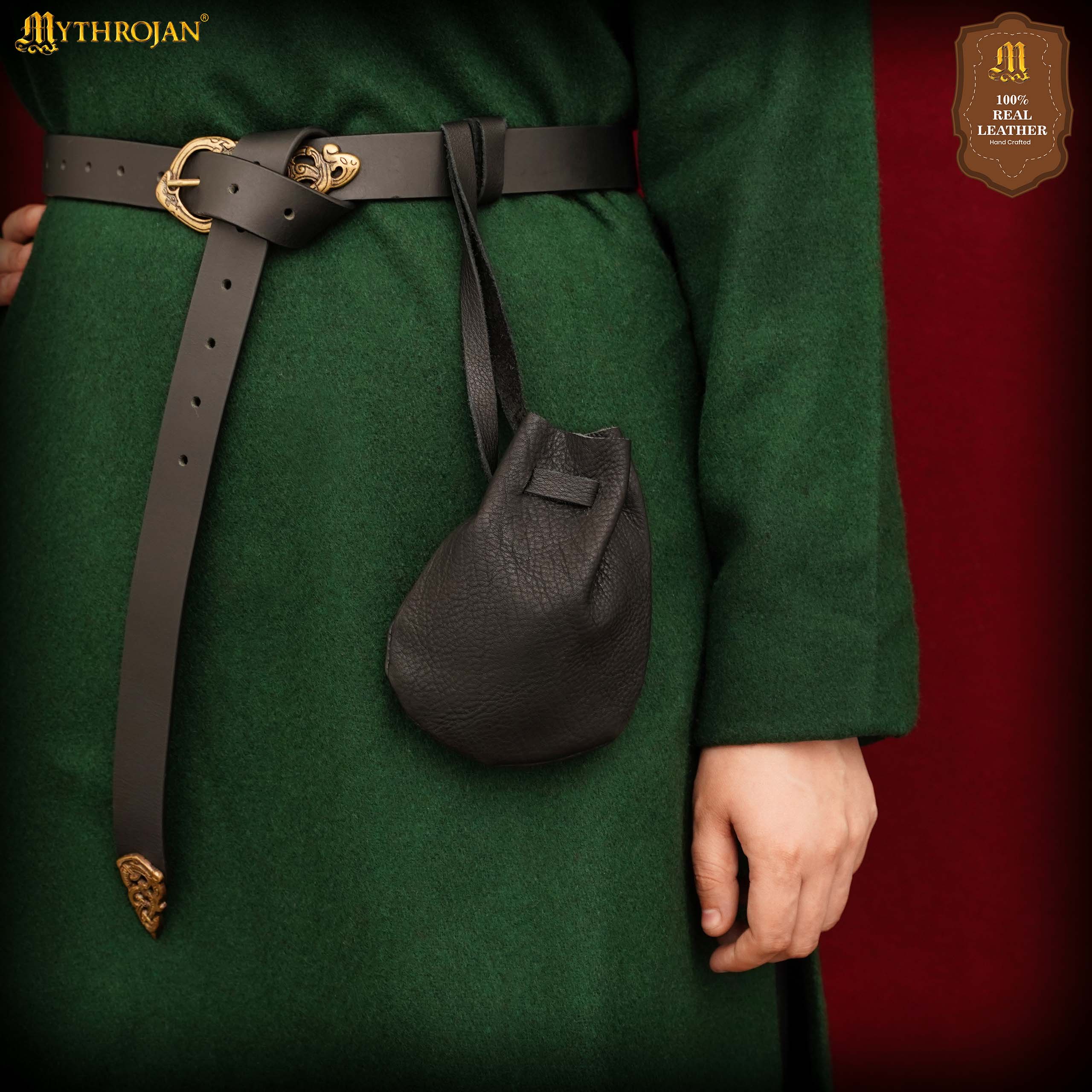 Mythrojan “Gold and Dice” Medieval Drawstring Bag, Ideal for SCA LARP Reenactment & Ren fair - Full grain Leather Pouch, Black 6” × 5”