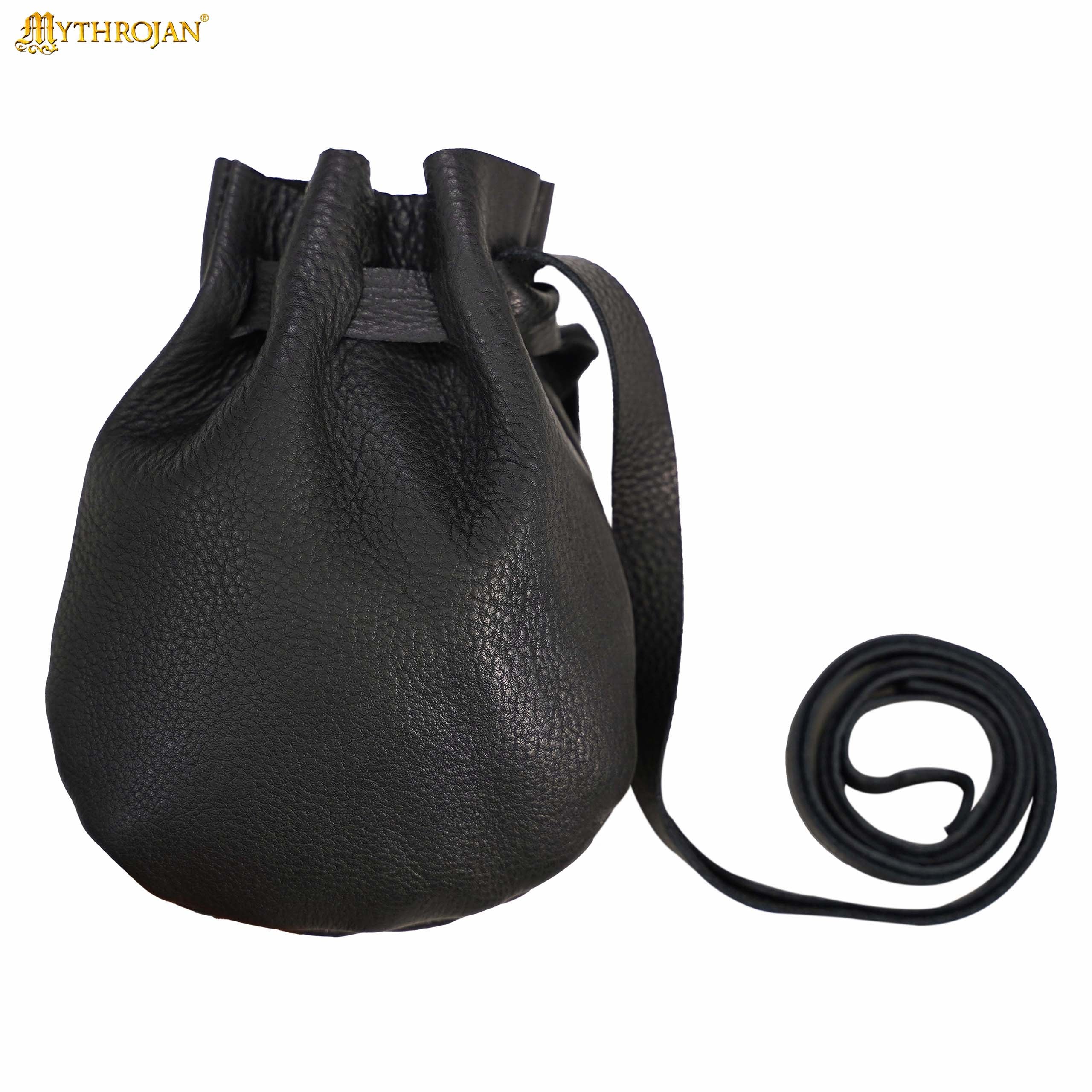 Mythrojan “Gold and Dice” Medieval Drawstring Bag, Ideal for SCA LARP Reenactment & Ren fair - Full grain Leather Pouch, Black 6” × 5”