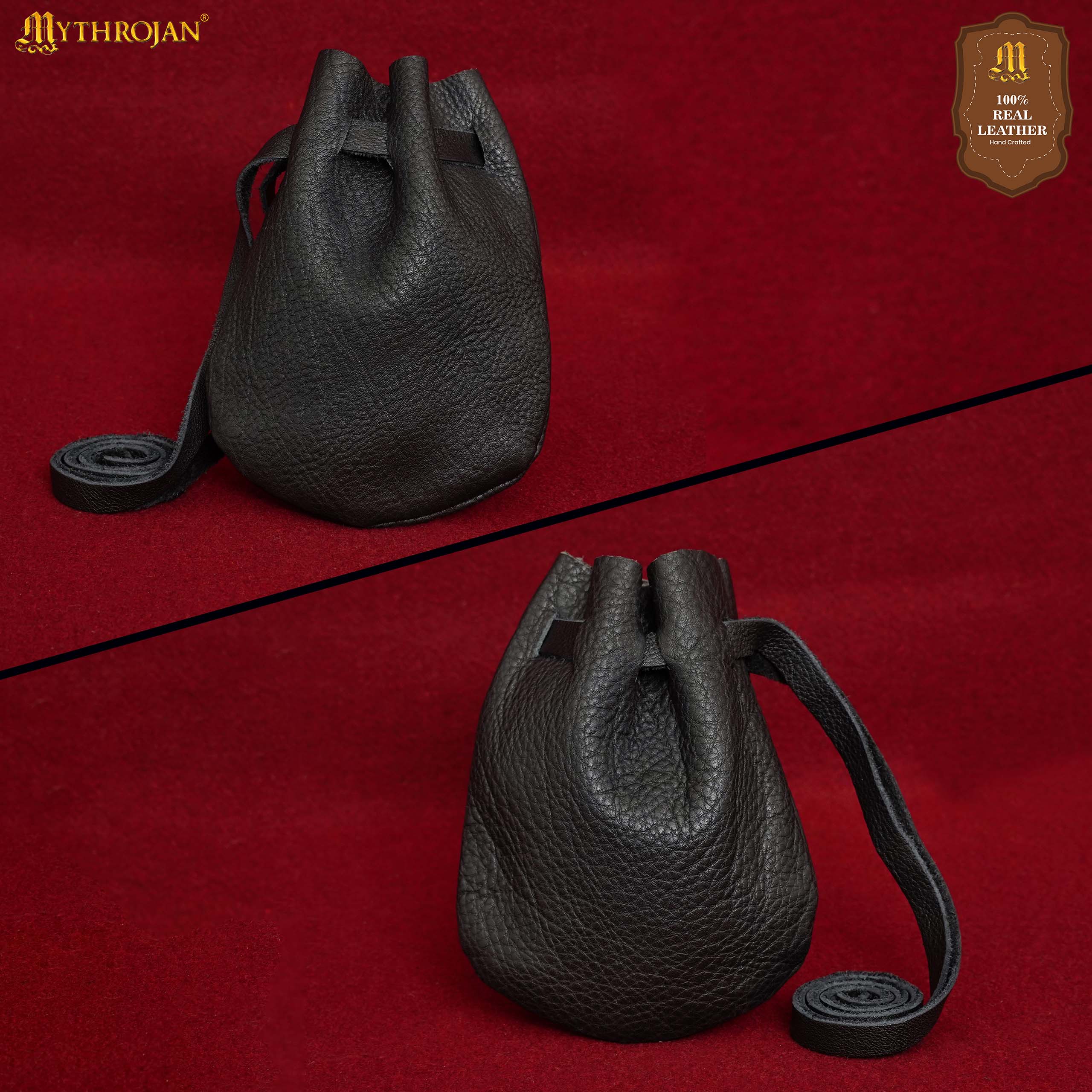 Mythrojan “Gold and Dice” Medieval Drawstring Bag, Ideal for SCA LARP Reenactment & Ren fair - Full grain Leather Pouch, Black 6” × 5”