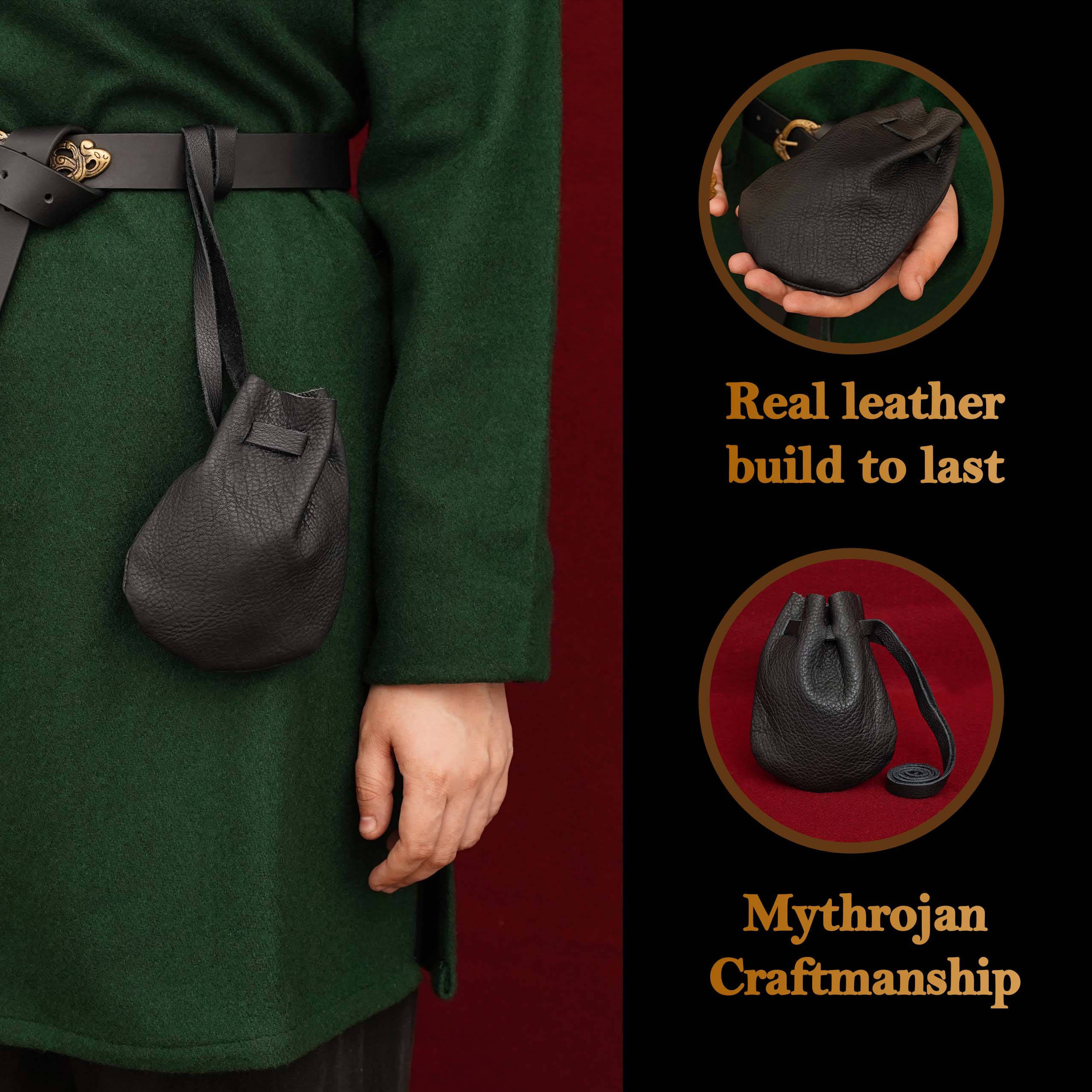 Mythrojan “Gold and Dice” Medieval Drawstring Bag, Ideal for SCA LARP Reenactment & Ren fair - Full grain Leather Pouch, Black 6” × 5”