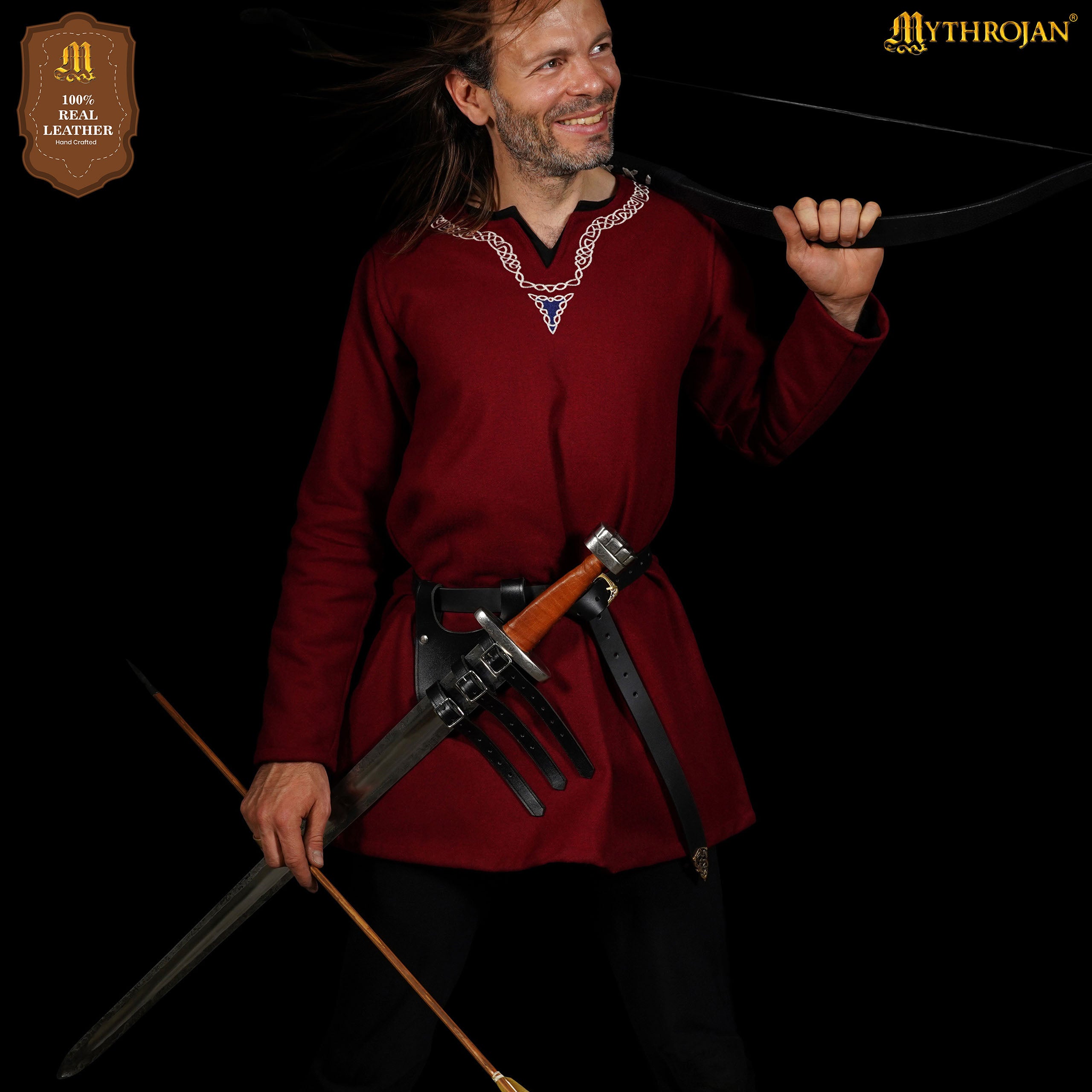 Mythrojan Renaissance Leather Sword Frog LARP Costume Accessory Rapier Knight Sword Belt - Black