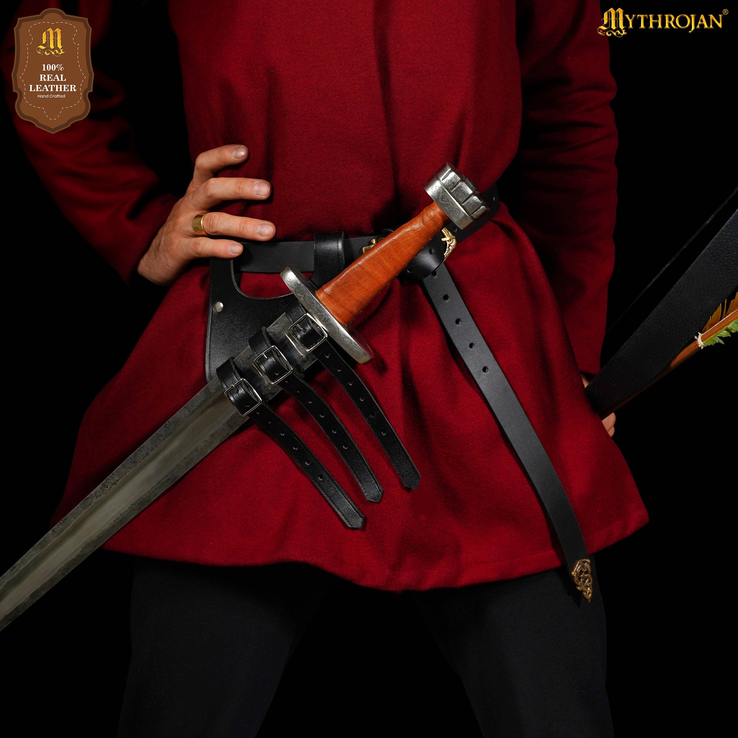 Mythrojan Renaissance Leather Sword Frog LARP Costume Accessory Rapier Knight Sword Belt - Black