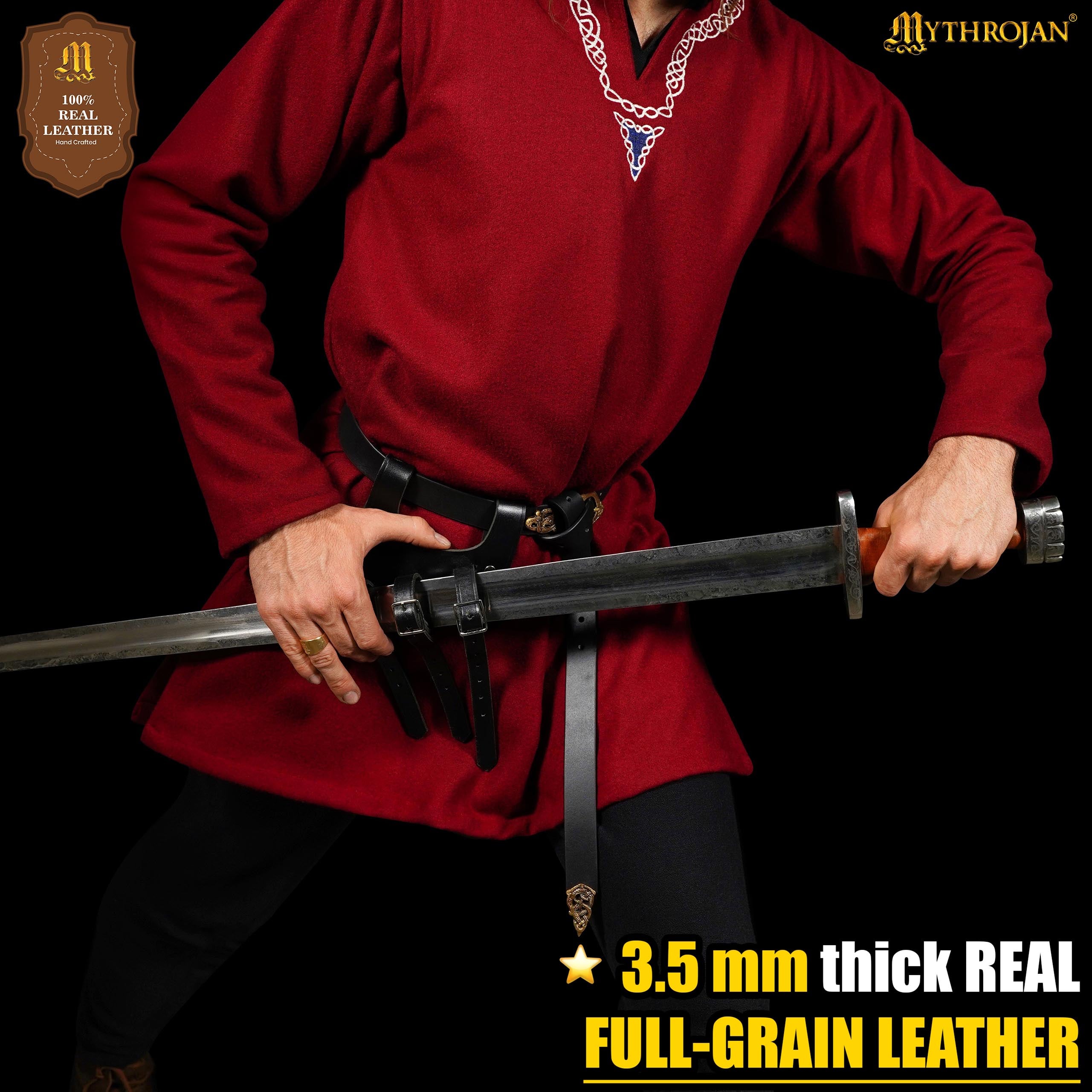Mythrojan Renaissance Leather Sword Frog LARP Costume Accessory Rapier Knight Sword Belt - Black