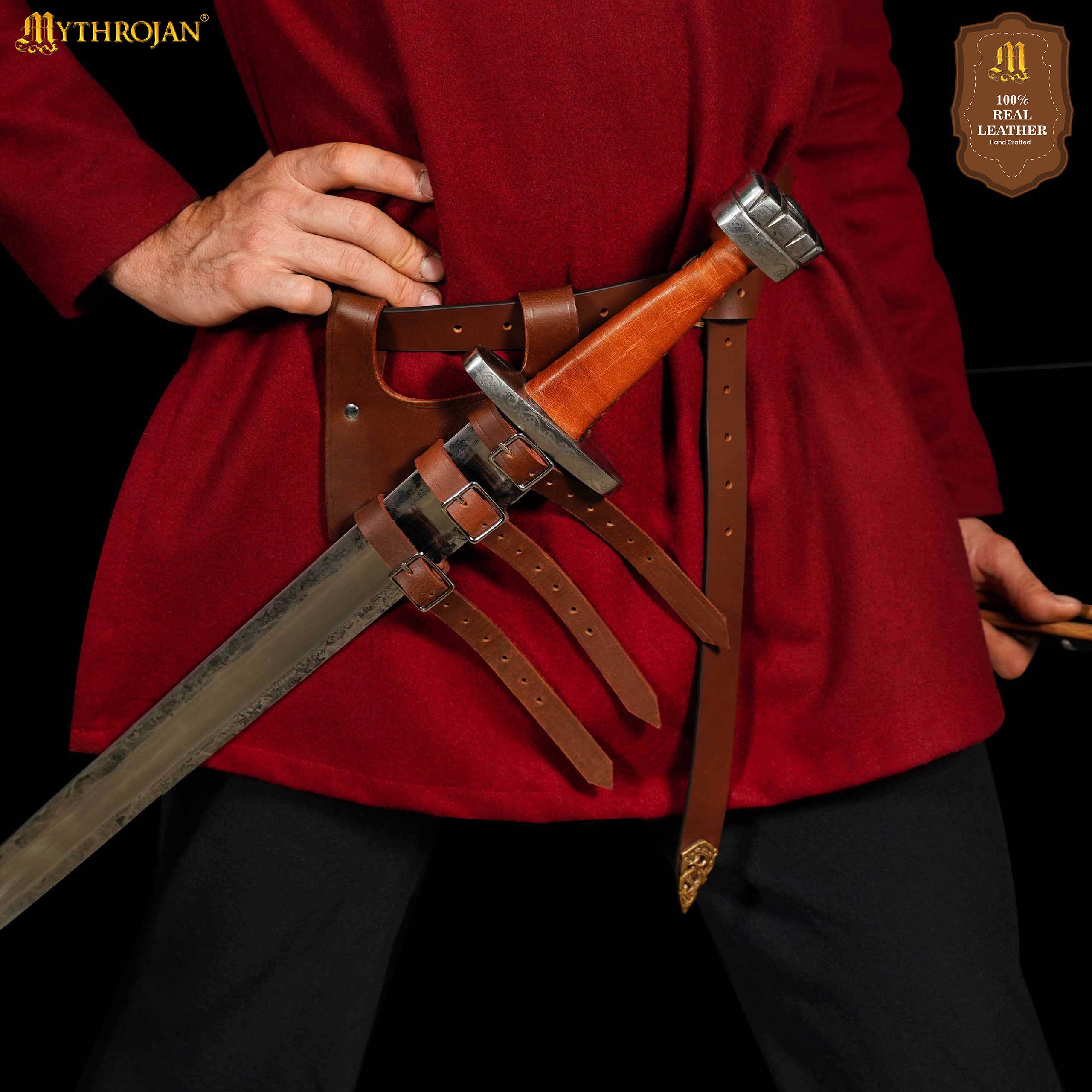 Mythrojan Renaissance Leather Sword Frog LARP Costume Accessory Rapier Knight Sword Belt - Brown
