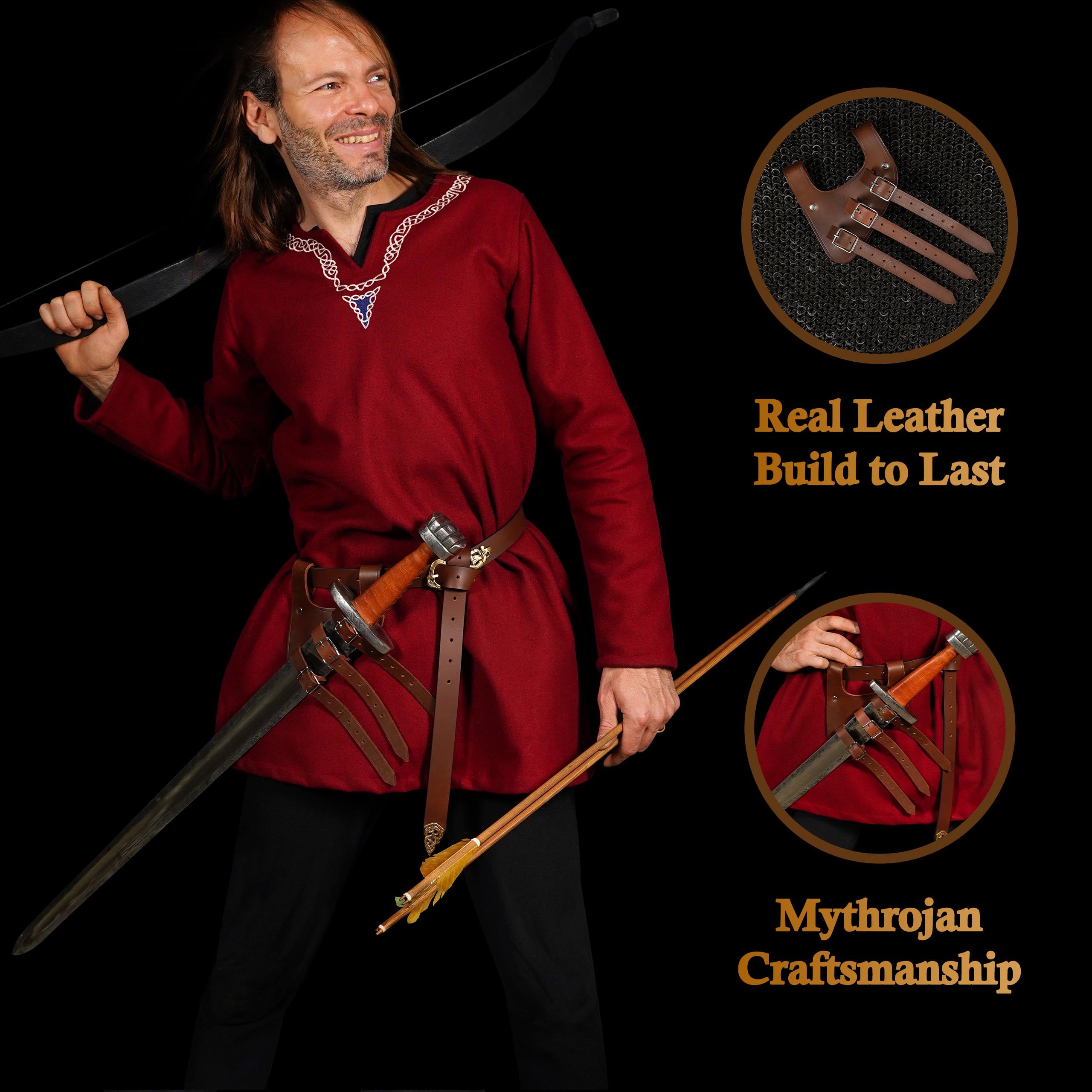Mythrojan Renaissance Leather Sword Frog LARP Costume Accessory Rapier Knight Sword Belt - Brown
