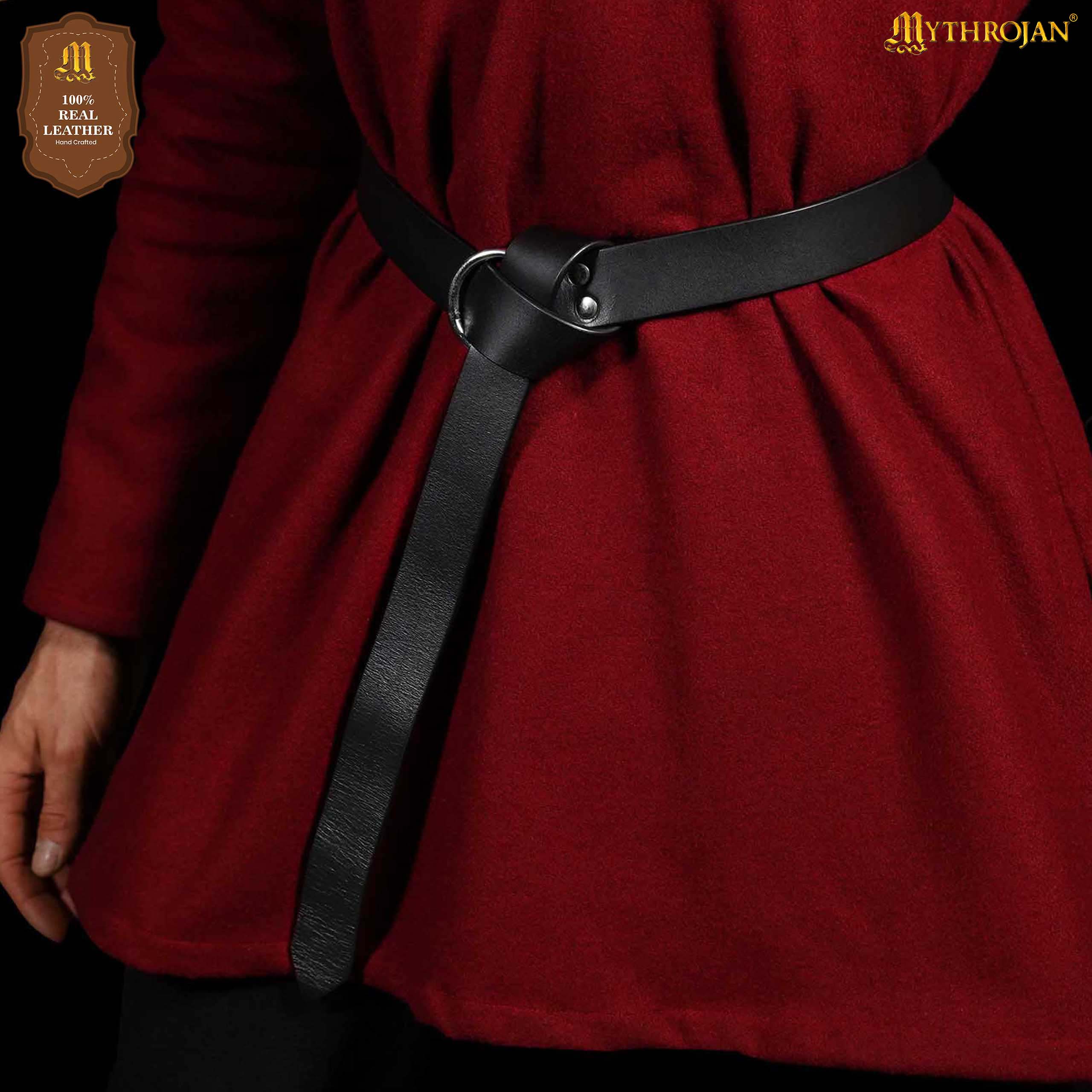 Mythrojan O - Ring Medieval Leather Belt, Ideal for LARP SCA Warrior Gothic Renaissance, BLACK