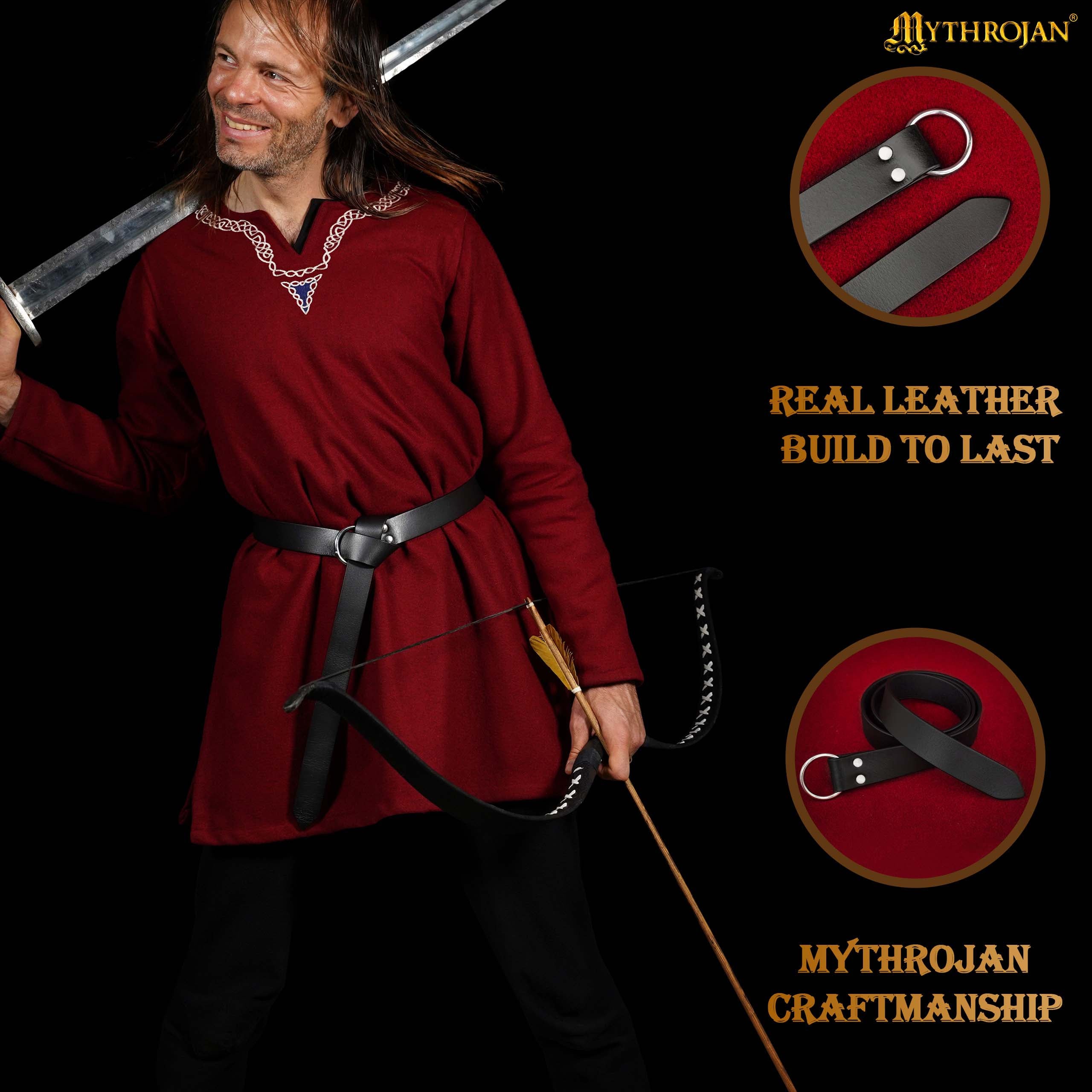 Mythrojan O - Ring Medieval Leather Belt, Ideal for LARP SCA Warrior Gothic Renaissance, BLACK