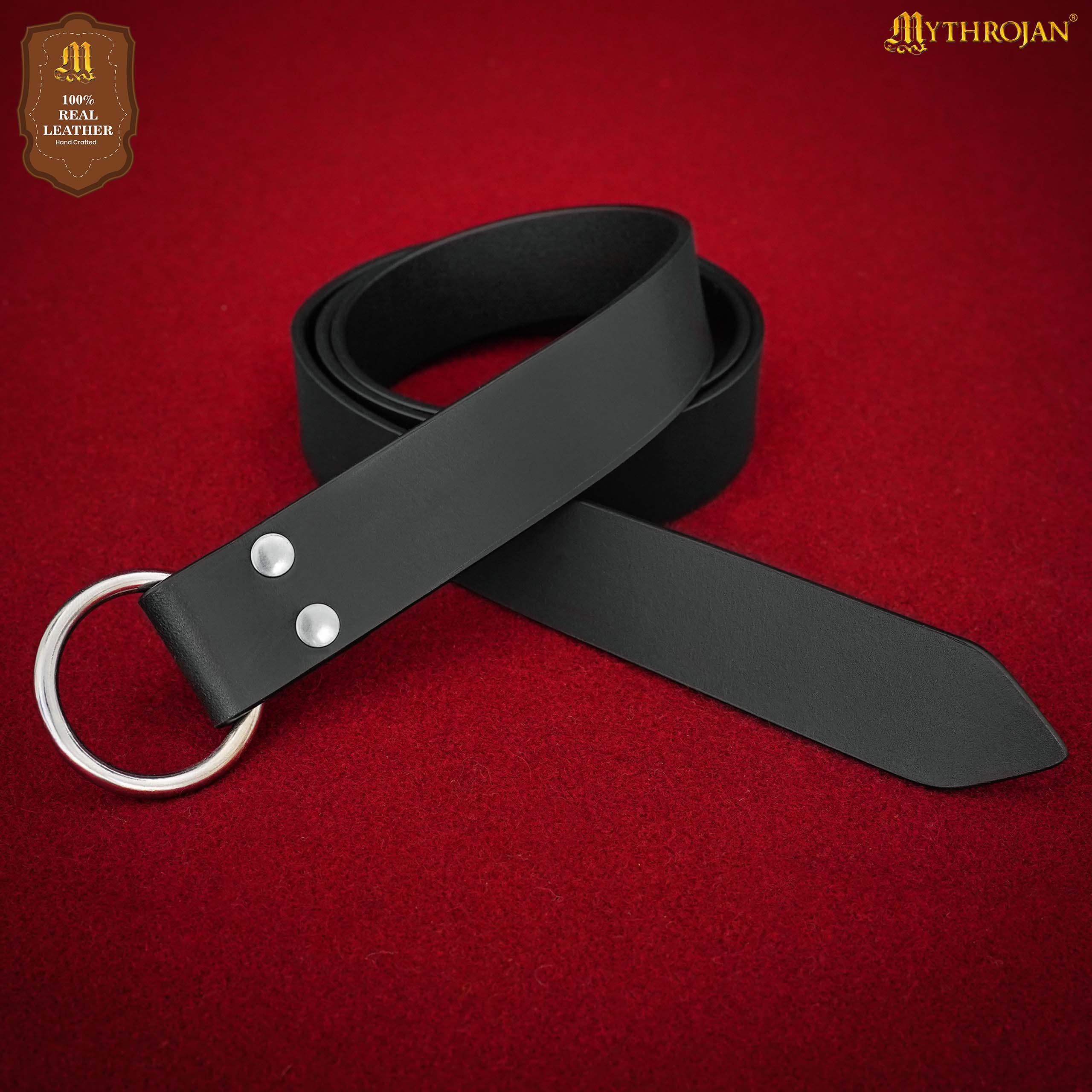 Mythrojan O - Ring Medieval Leather Belt, Ideal for LARP SCA Warrior Gothic Renaissance, BLACK