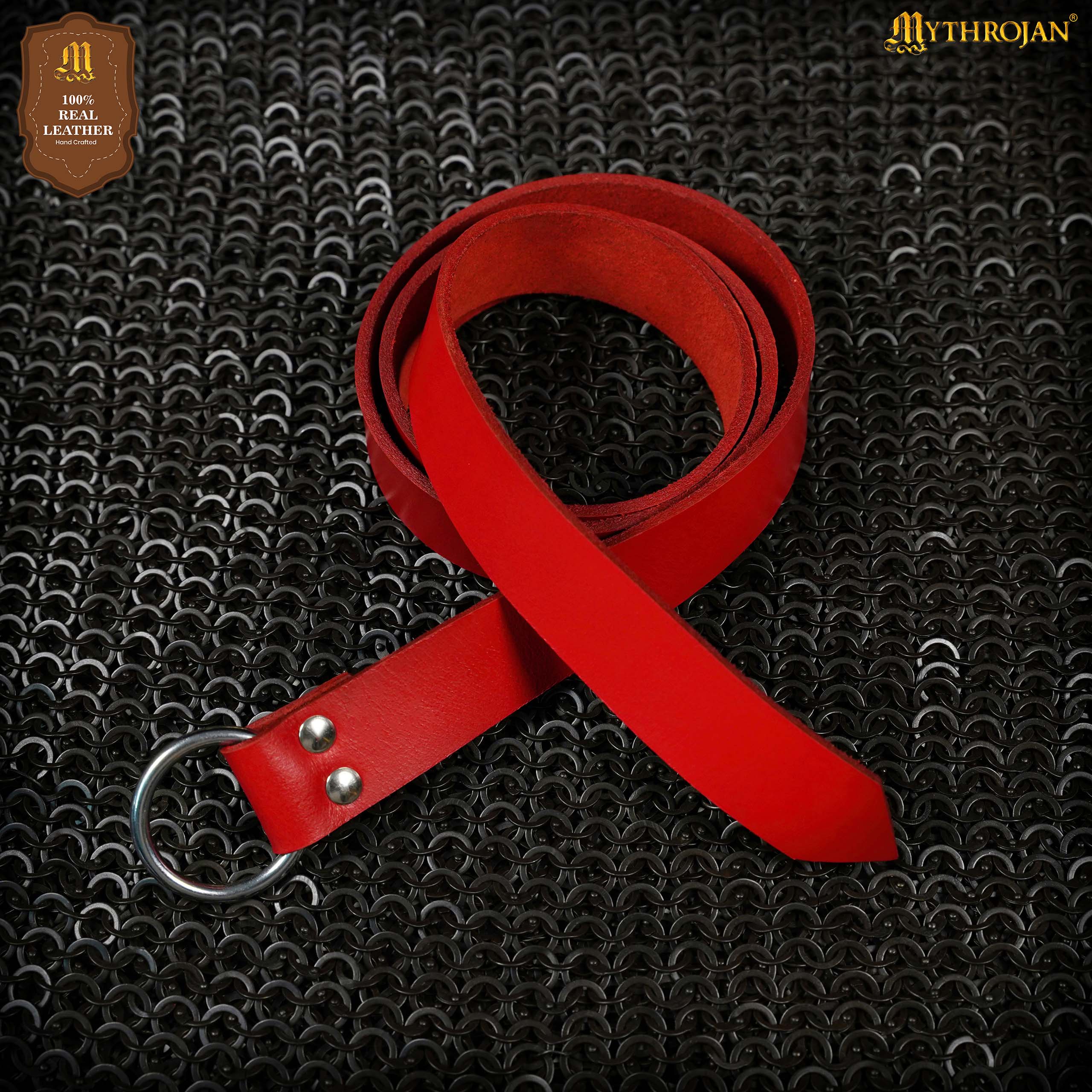 Mythrojan O - Ring Medieval Leather Belt, Ideal for LARP SCA Warrior Gothic Renaissance, RED