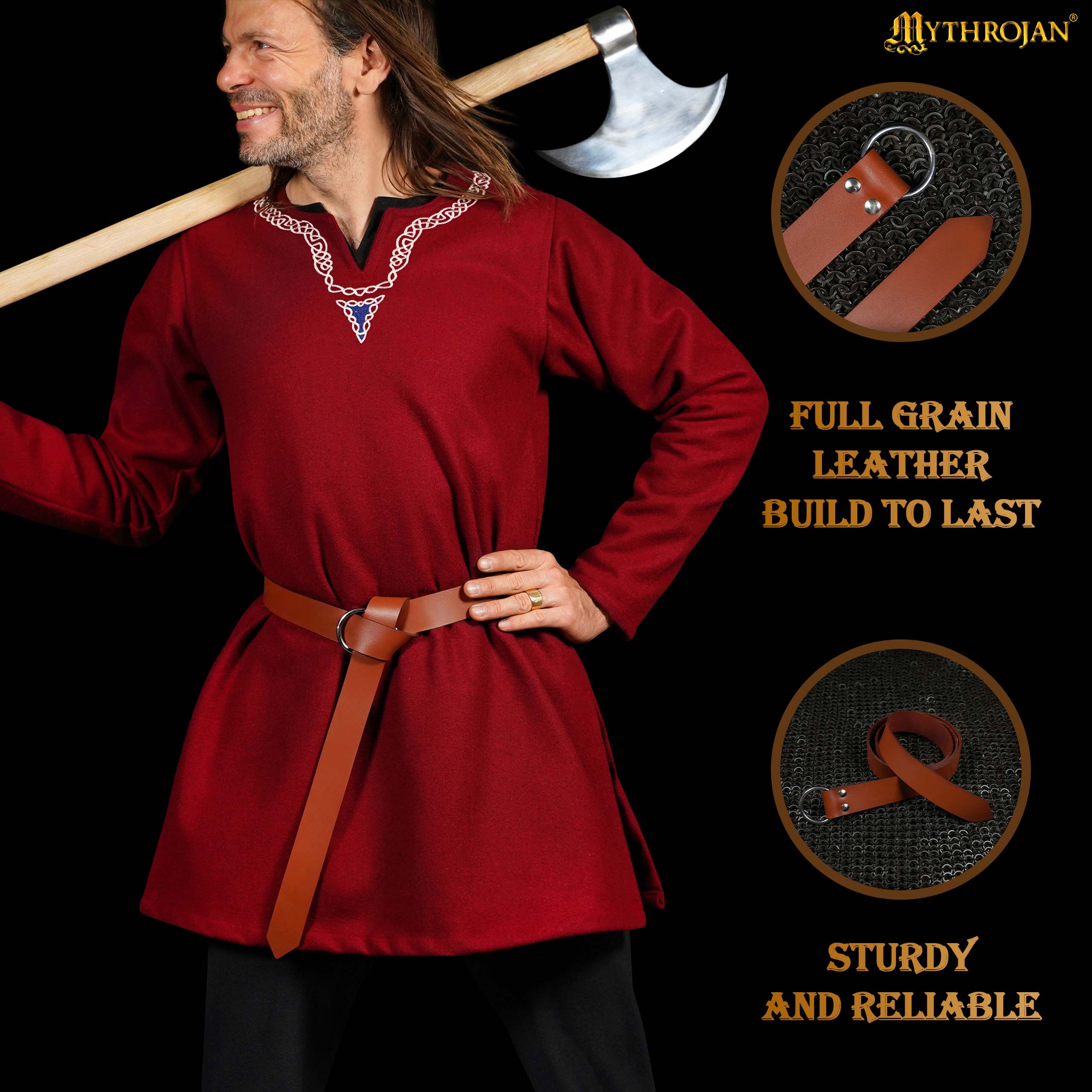 Mythrojan O-Ring Medieval Leather Belt, Ideal for LARP SCA warrior gothic renaissance, Tan, 50 INCHES