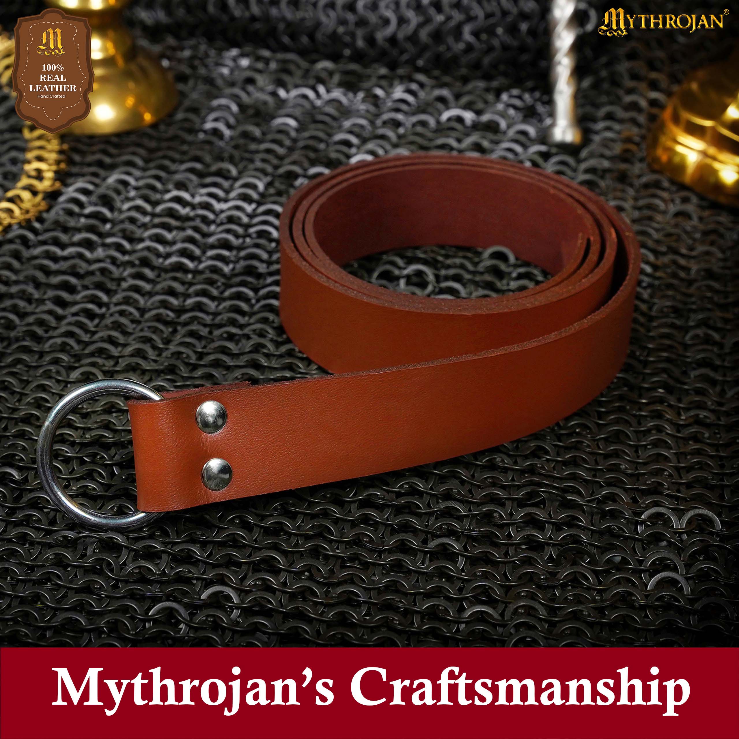 Mythrojan O-Ring Medieval Leather Belt, Ideal for LARP SCA warrior gothic renaissance, Tan, 50 INCHES