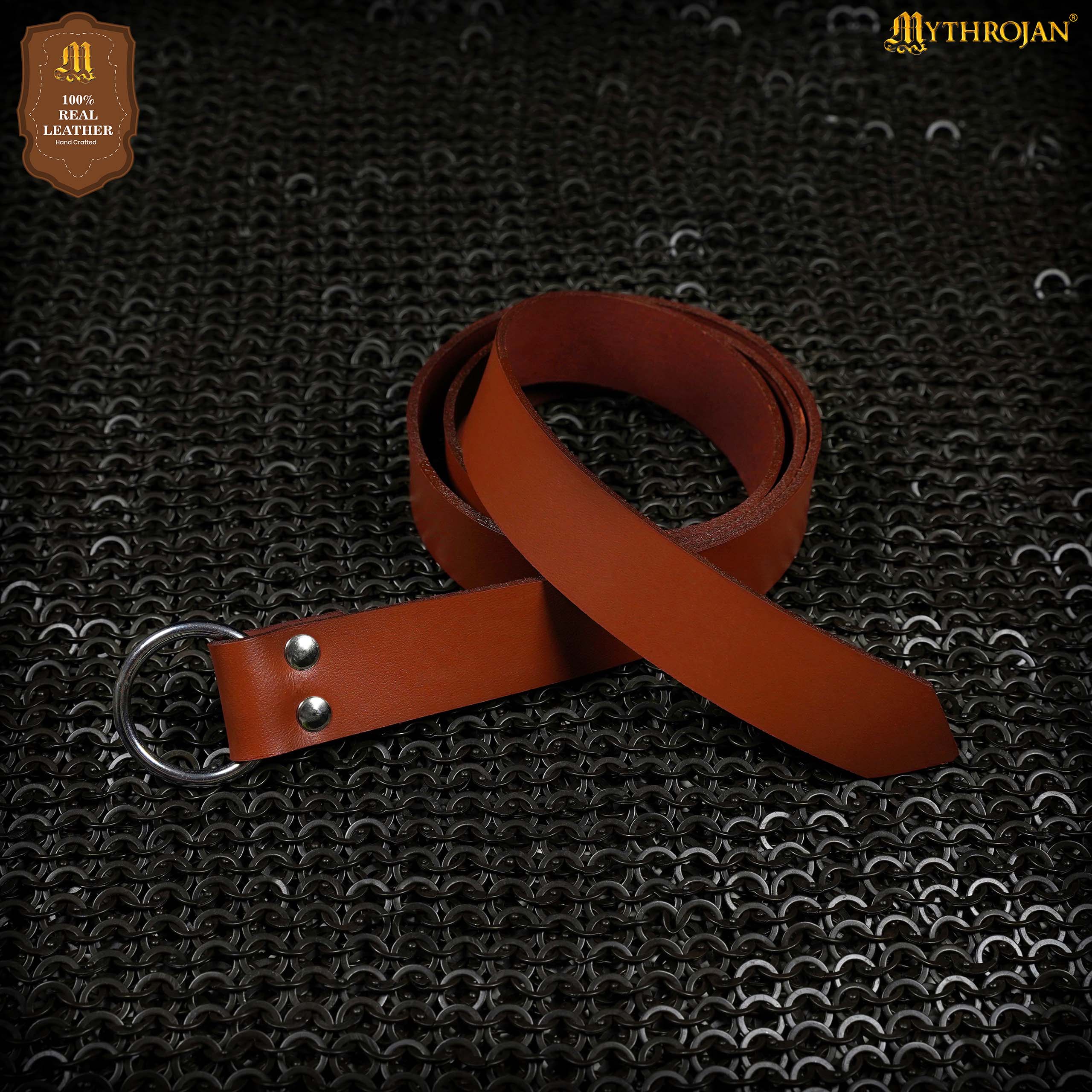 Mythrojan O-Ring Medieval Leather Belt, Ideal for LARP SCA warrior gothic renaissance, Tan, 50 INCHES