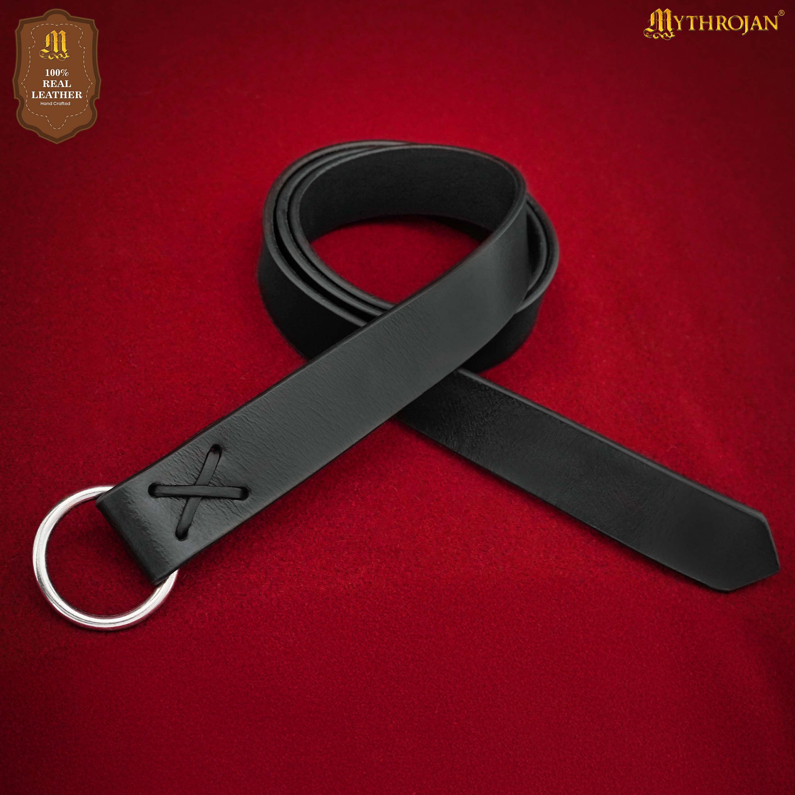 Mythrojan O - Ring Medieval Leather Belt , Ideal for LARP SCA Warrior Gothic Renaissance , Full Grain Leather, BLACK