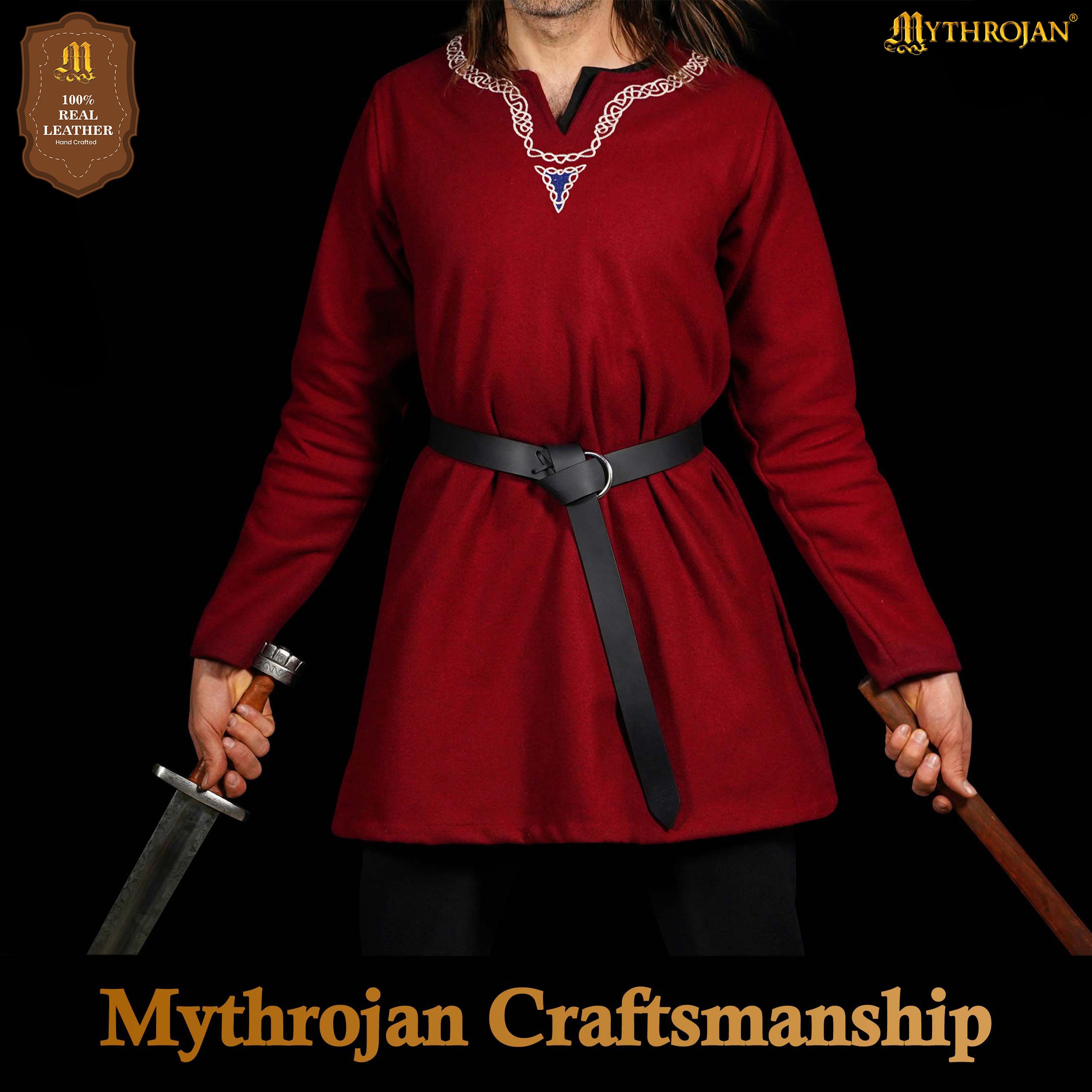 Mythrojan O - Ring Medieval Leather Belt , Ideal for LARP SCA Warrior Gothic Renaissance , Full Grain Leather, BLACK