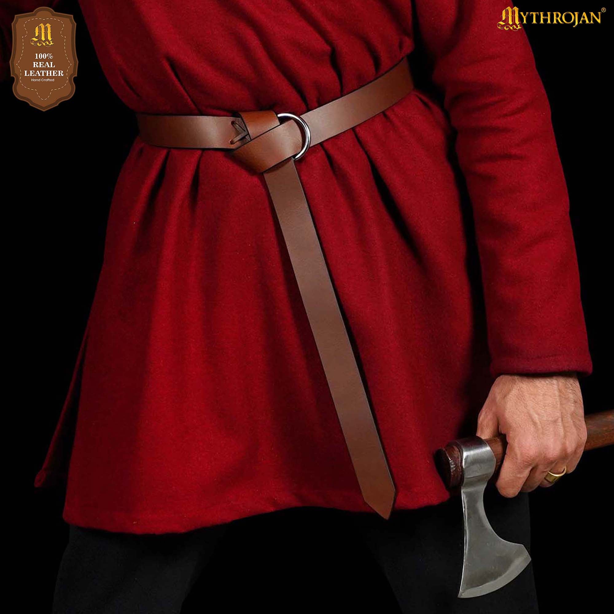 Mythrojan O - Ring Medieval Leather Belt , Ideal for LARP SCA Warrior Gothic Renaissance , Full Grain Leather, Brown