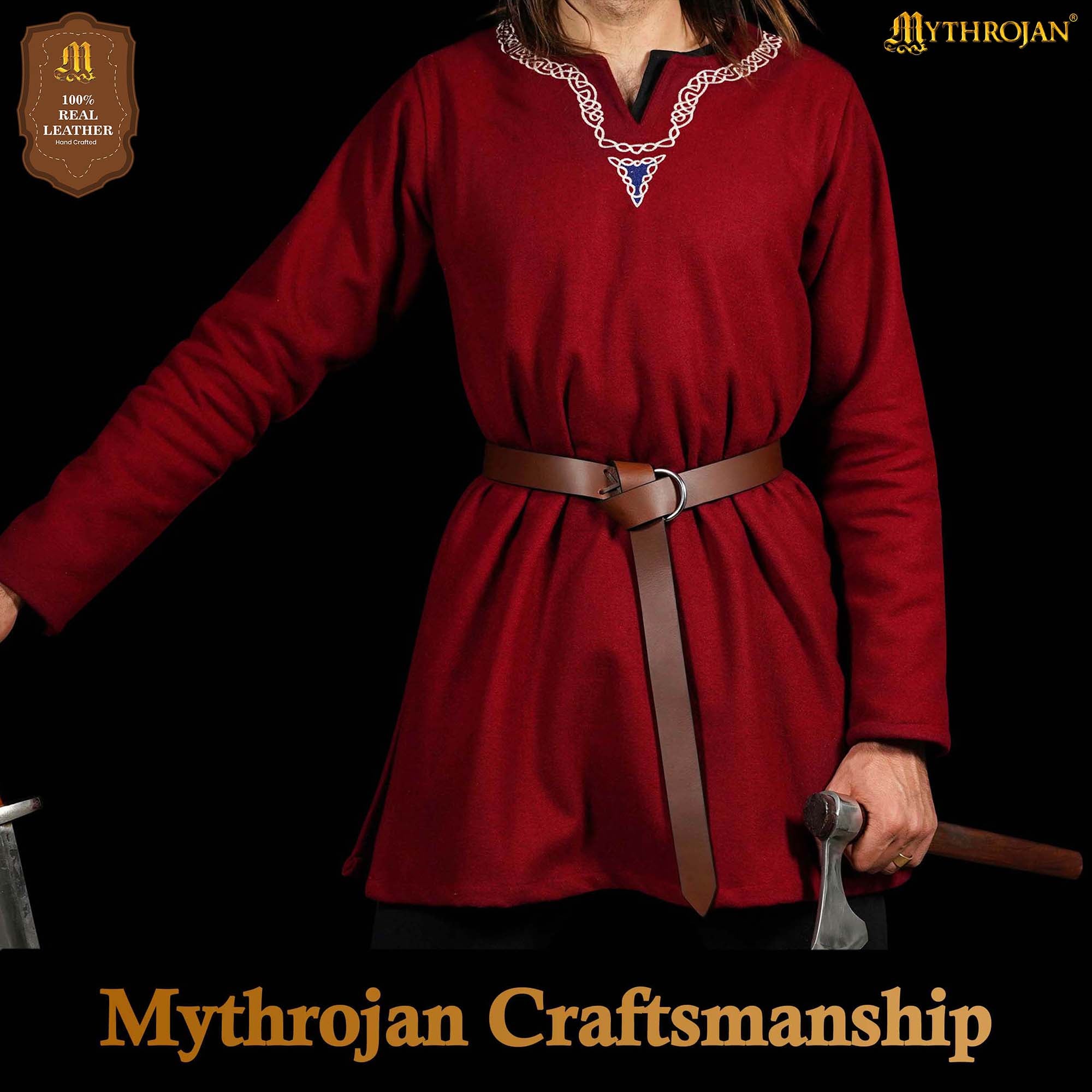 Mythrojan O - Ring Medieval Leather Belt , Ideal for LARP SCA Warrior Gothic Renaissance , Full Grain Leather, Brown