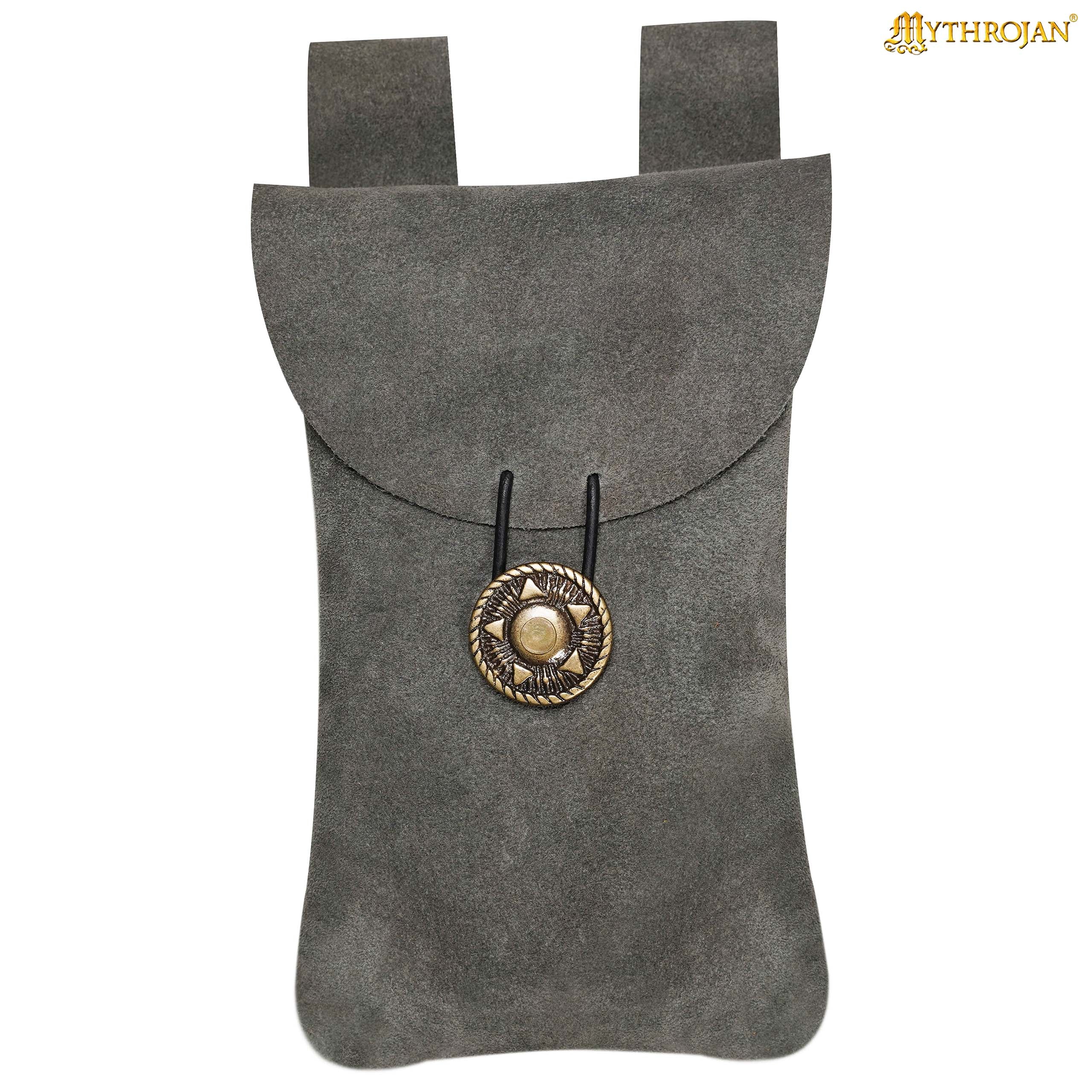 Mythrojan Suede Belt Bag, ideal for SCA LARP reenactment & Ren fair, Suede Leather, Grey, 7.2”×4.7”