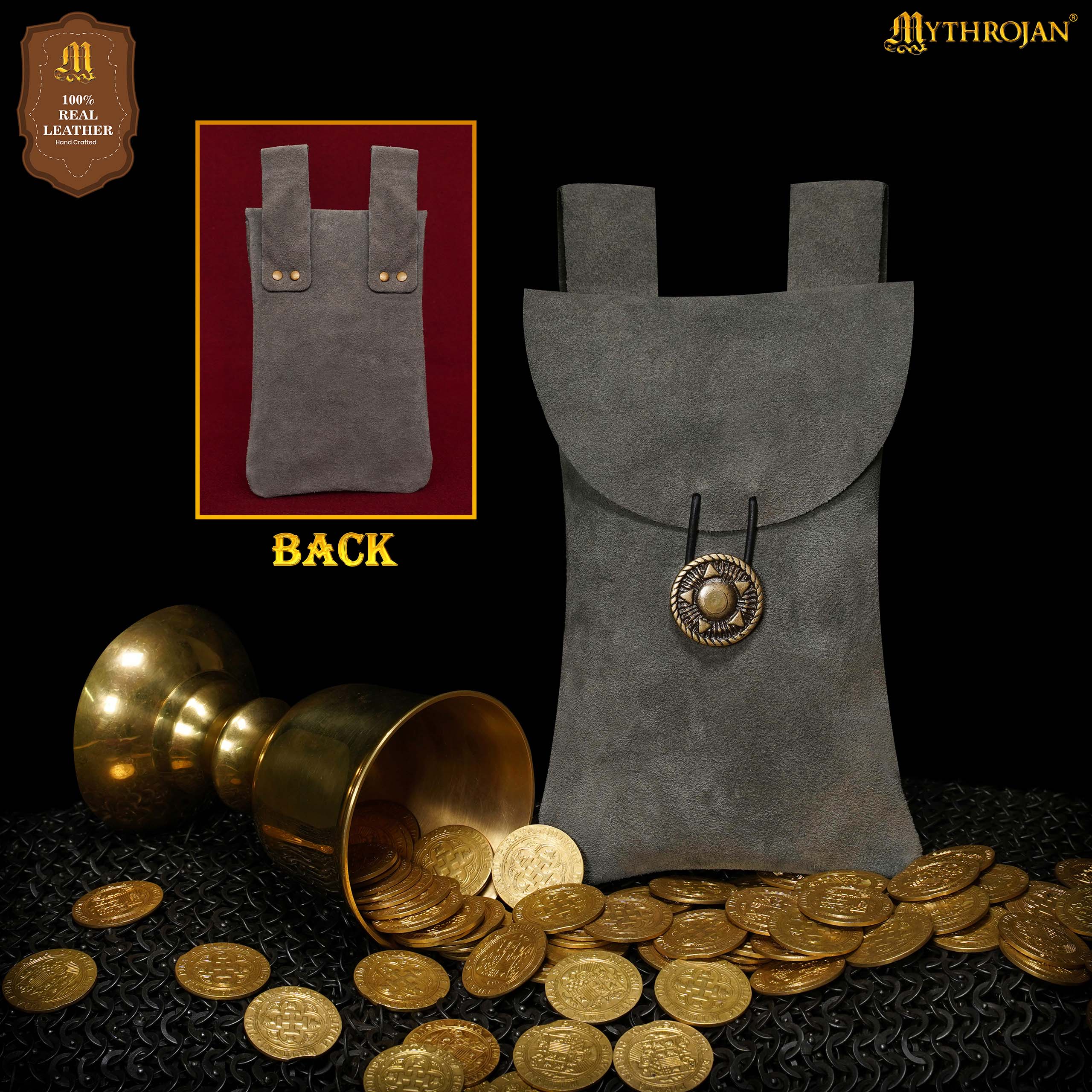 Mythrojan Suede Belt Bag, ideal for SCA LARP reenactment & Ren fair, Suede Leather, Grey, 7.2”×4.7”
