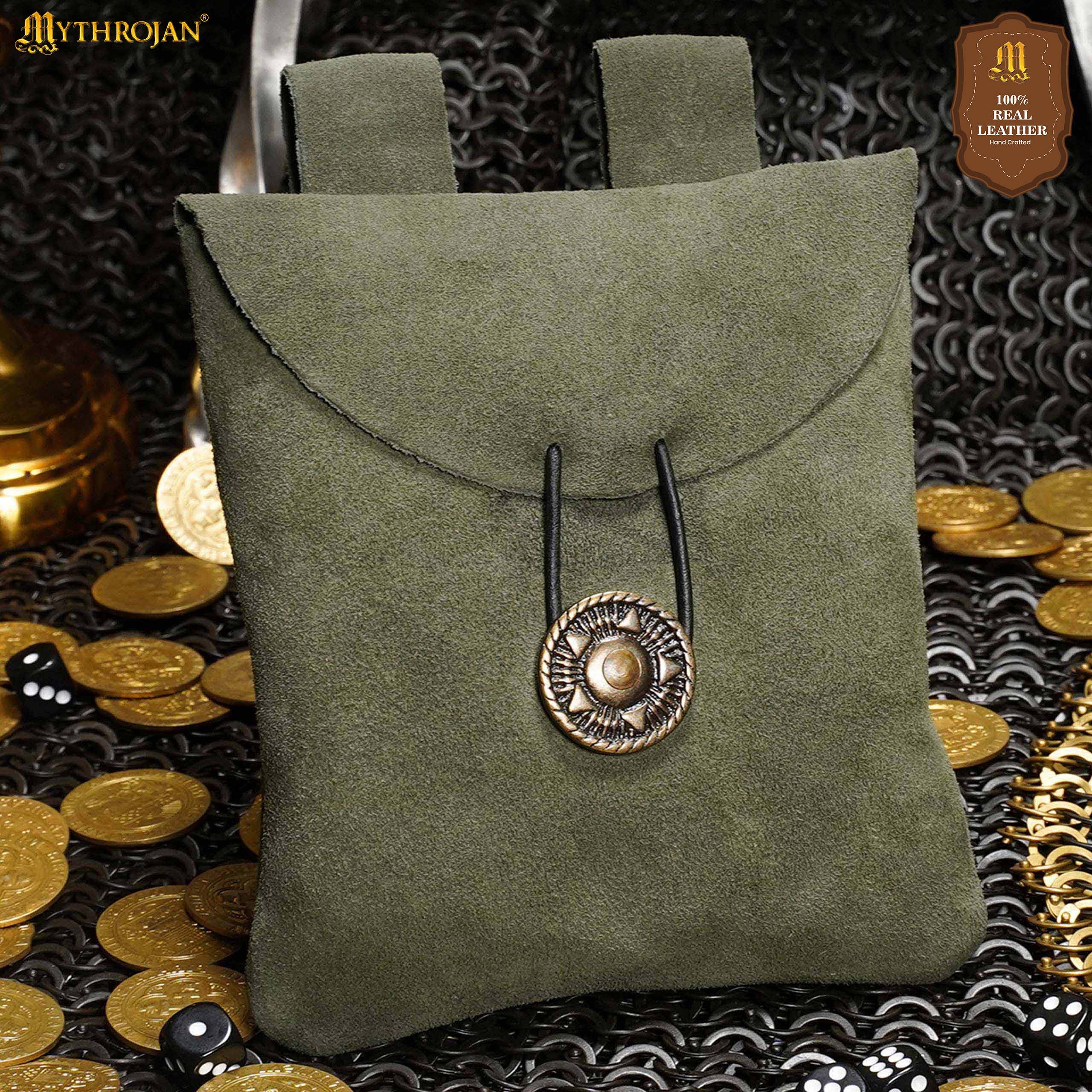Mythrojan Suede Belt Bag, Ideal for SCA LARP Reenactment & Ren fair, Suede Leather, Green , 5 .5”× 5.1 ”