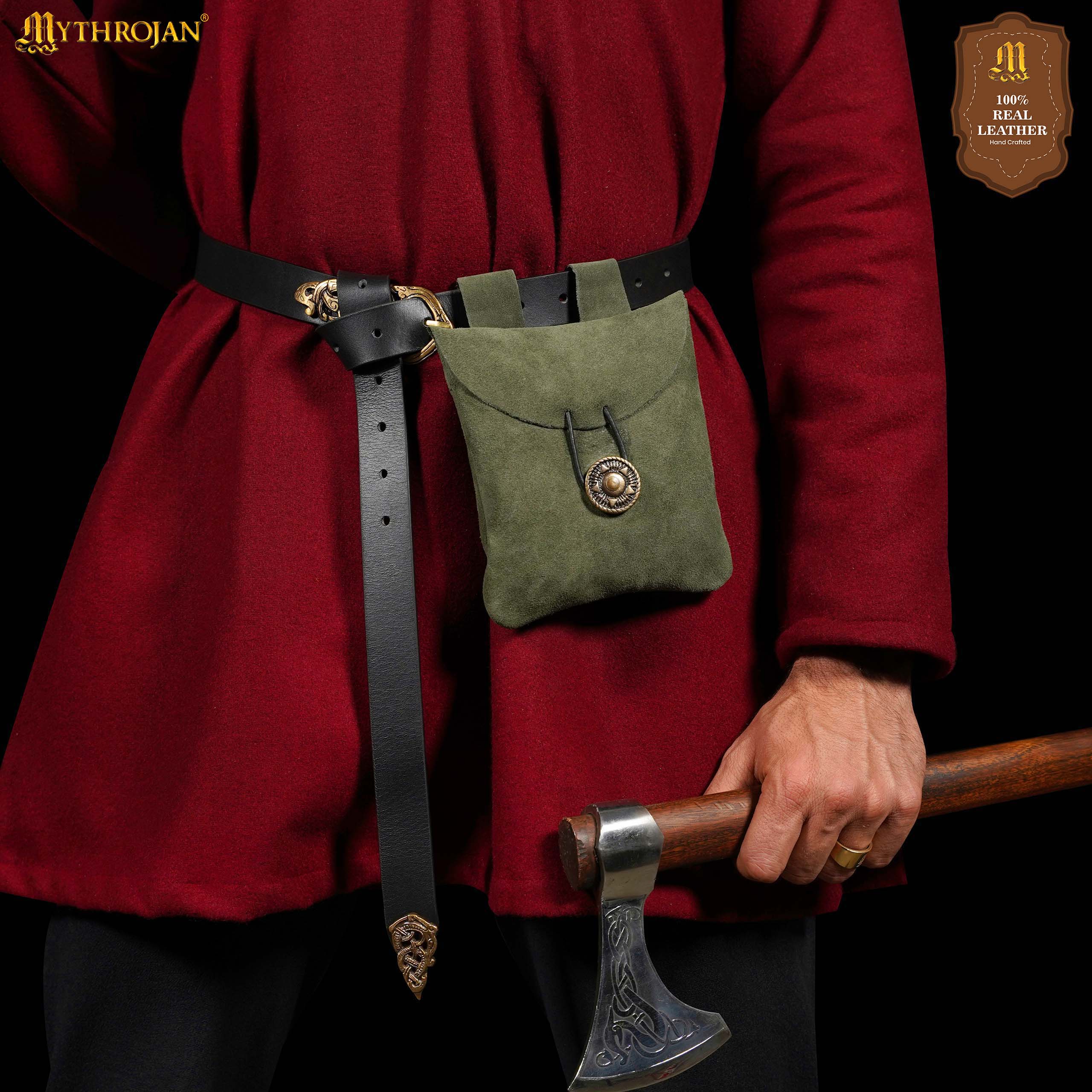 Mythrojan Suede Belt Bag, Ideal for SCA LARP Reenactment & Ren fair, Suede Leather, Green , 5 .5”× 5.1 ”