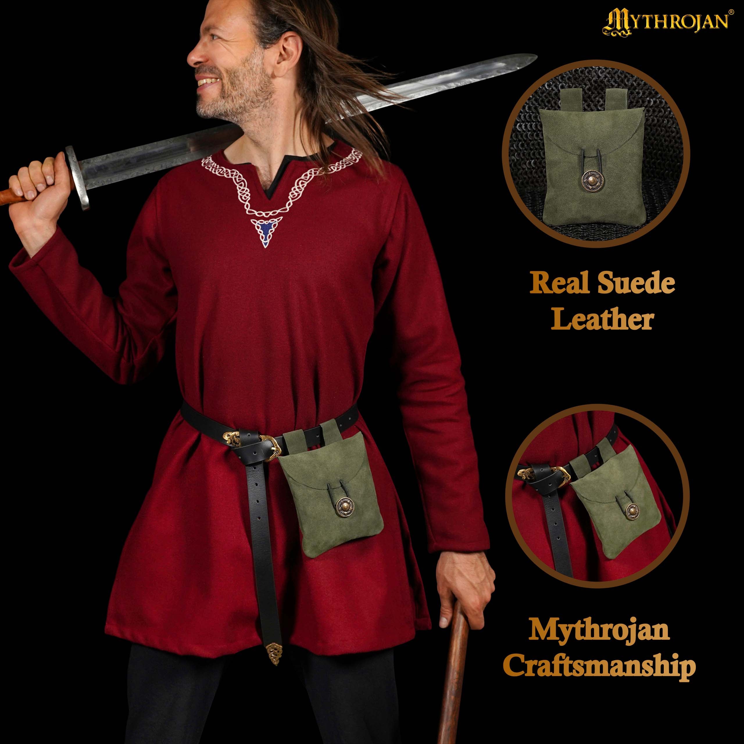 Mythrojan Suede Belt Bag, Ideal for SCA LARP Reenactment & Ren fair, Suede Leather, Green , 5 .5”× 5.1 ”