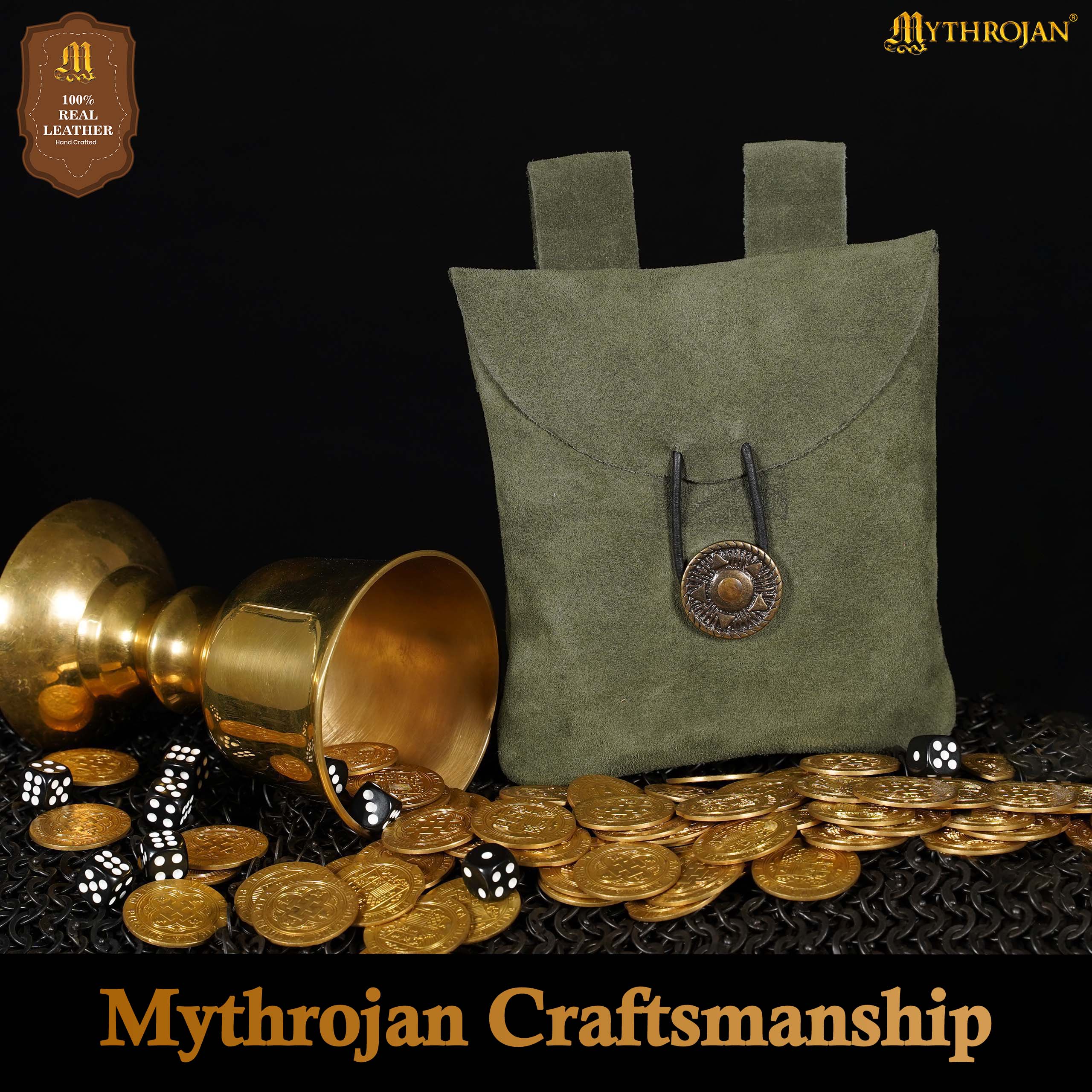 Mythrojan Suede Belt Bag, Ideal for SCA LARP Reenactment & Ren fair, Suede Leather, Green , 5 .5”× 5.1 ”