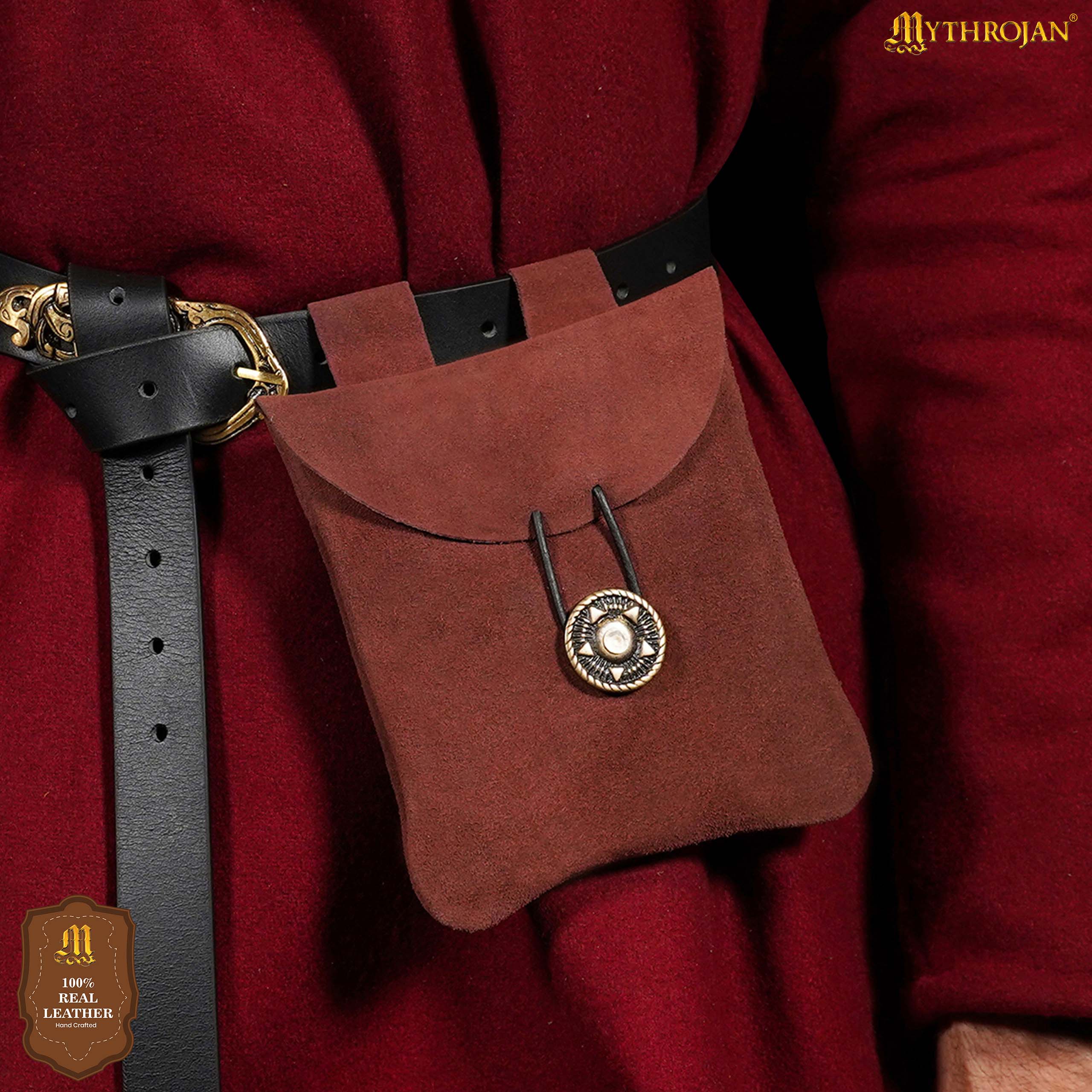 Mythrojan Suede Belt Bag, Ideal for SCA LARP Reenactment & Ren fair, Suede Leather, Maroon , 5 .5”× 5.1 ”