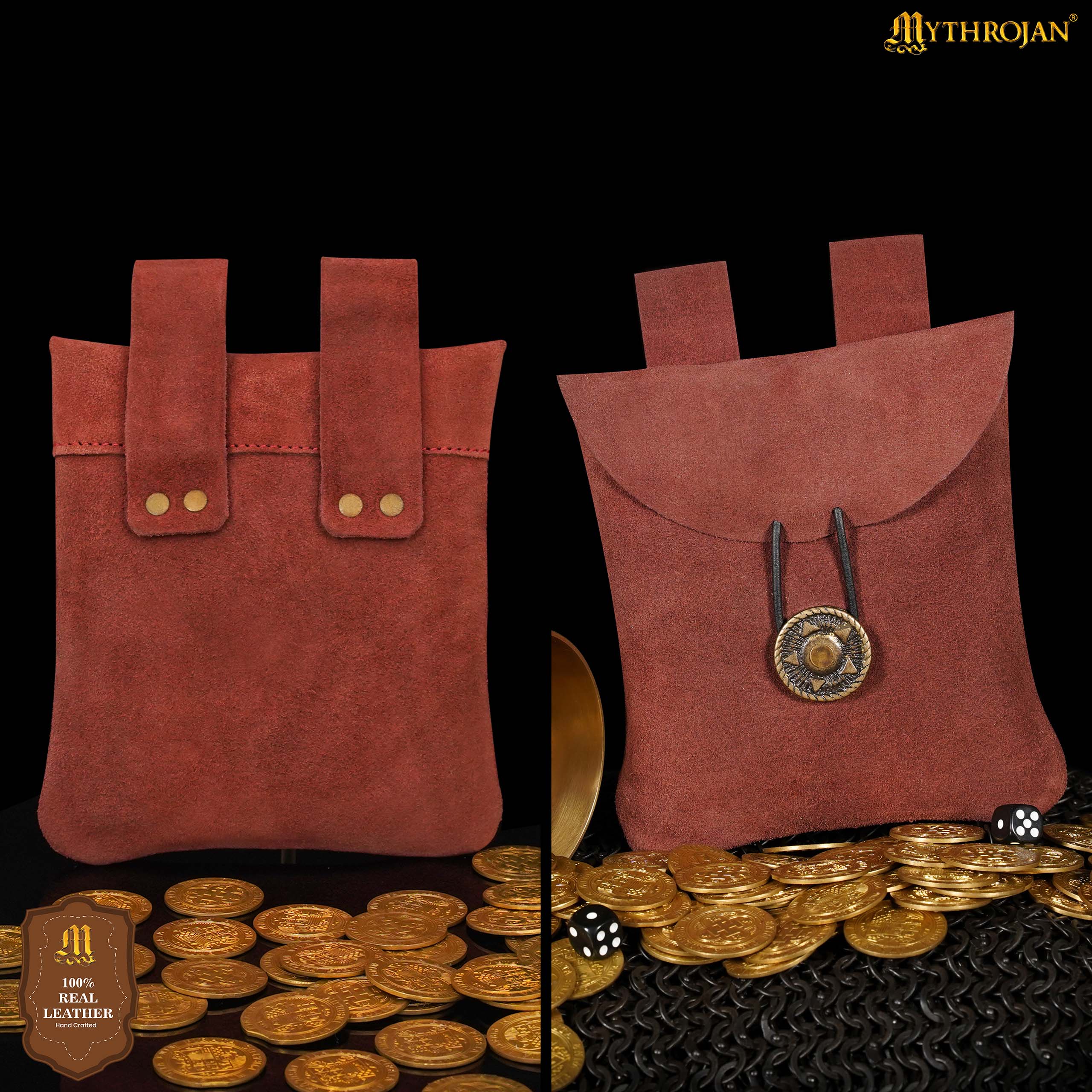 Mythrojan Suede Belt Bag, Ideal for SCA LARP Reenactment & Ren fair, Suede Leather, Maroon , 5 .5”× 5.1 ”