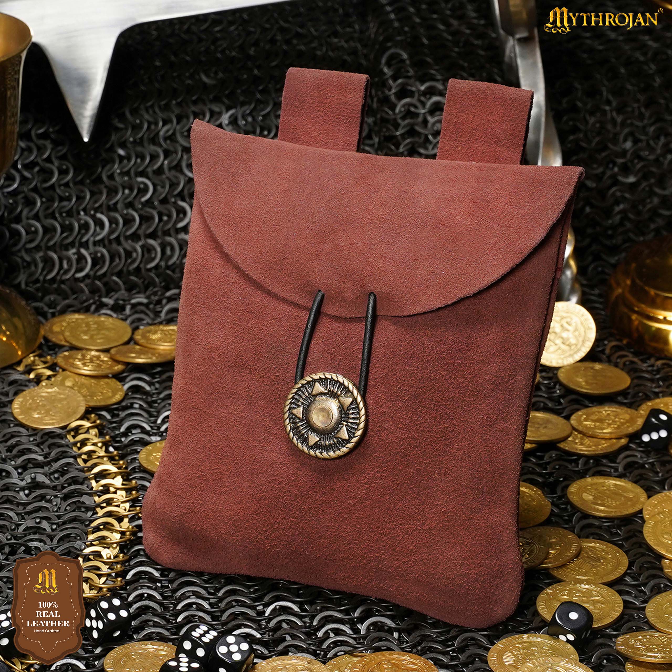 Mythrojan Suede Belt Bag, Ideal for SCA LARP Reenactment & Ren fair, Suede Leather, Maroon , 5 .5”× 5.1 ”