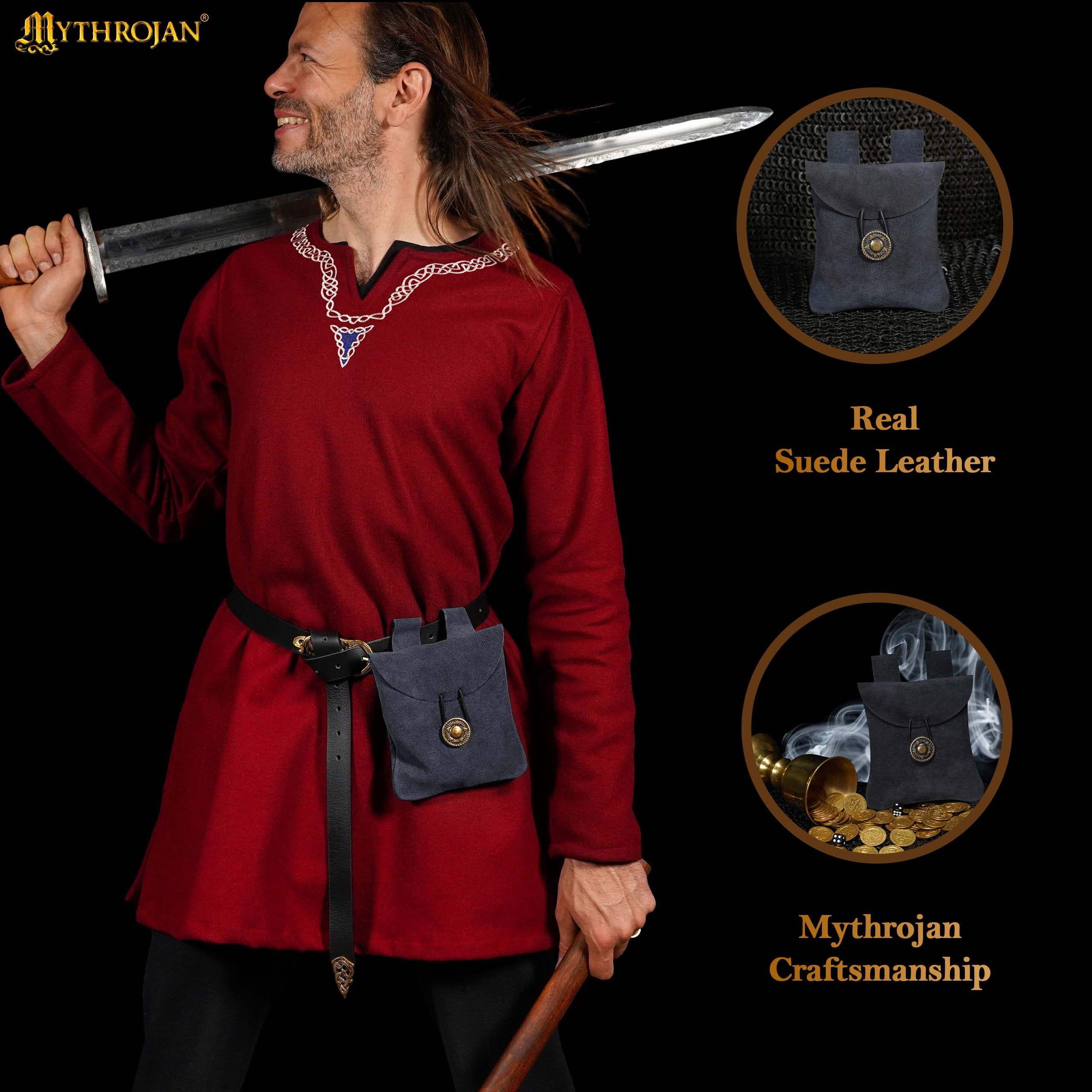 Mythrojan Medieval Renaissance Suede Jewelry Belt Pouch LARP Costume Waist Bag - Midnight Navy Blue