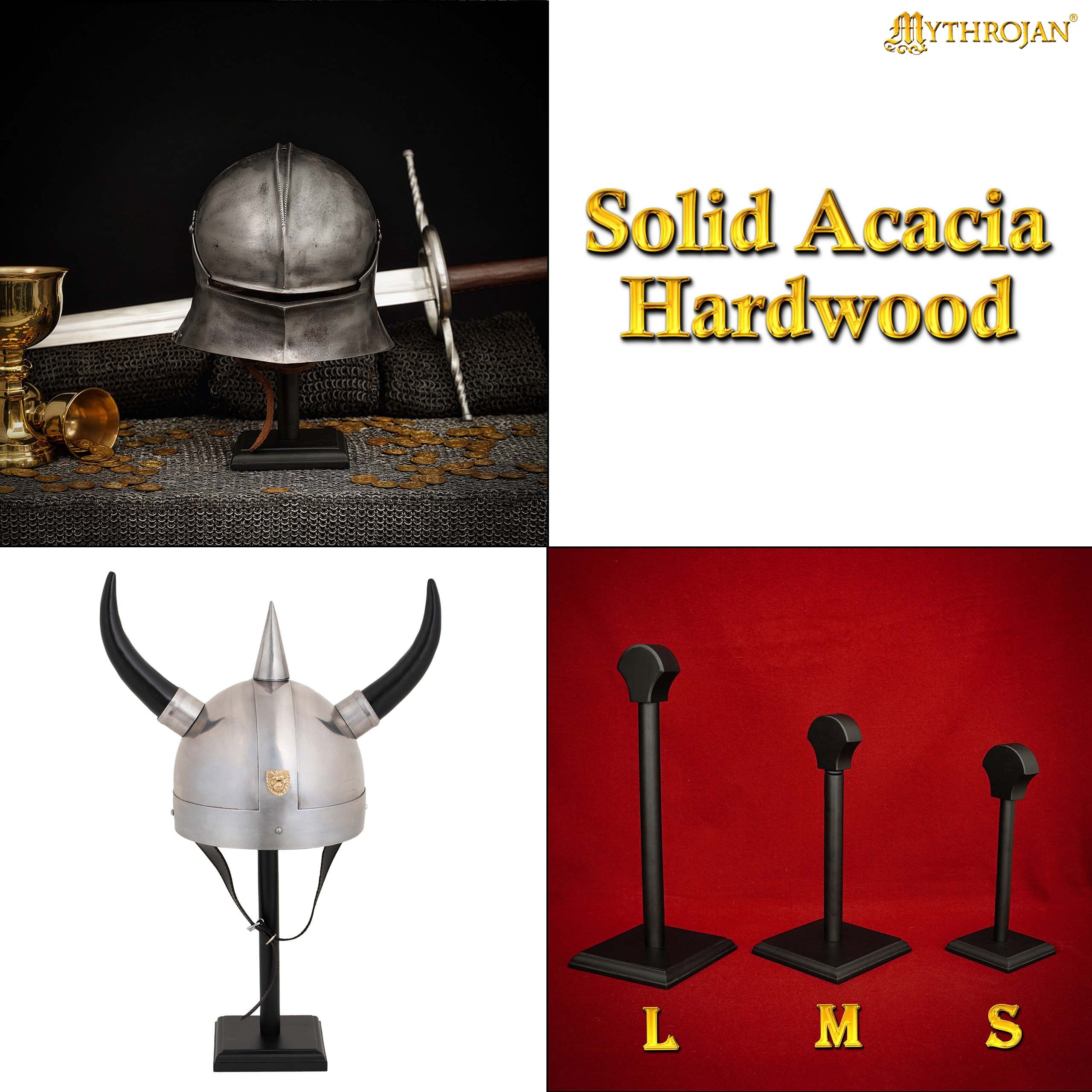 Mythrojan Wooden Helmet Stand Solid Medieval Roman Viking Helmet Display Stand Wooden Star Wars Helmet Stand Mask Display Templar Spartan Cosplay LARP Knight Stand Black