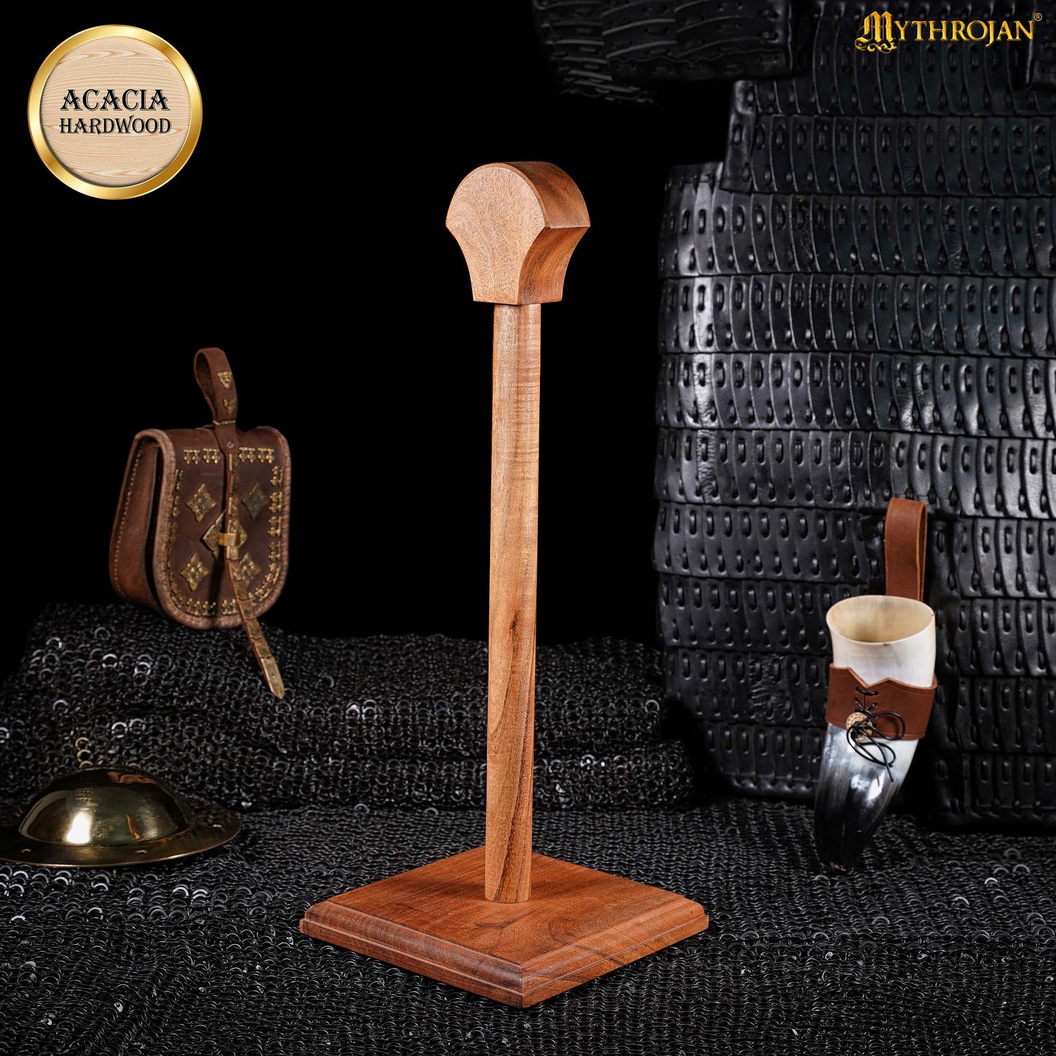 Mythrojan Wooden Helmet Stand Solid Medieval Roman Viking Helmet Display Stand Mask Display Templar Spartan Cosplay LARP Knight Stand - Natural