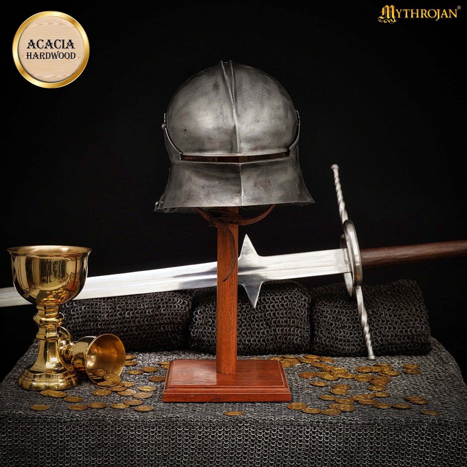 Mythrojan Wooden Helmet Stand Solid Medieval Roman Viking Helmet Display Stand Mask Display Templar Spartan Cosplay LARP Knight Stand - Natural