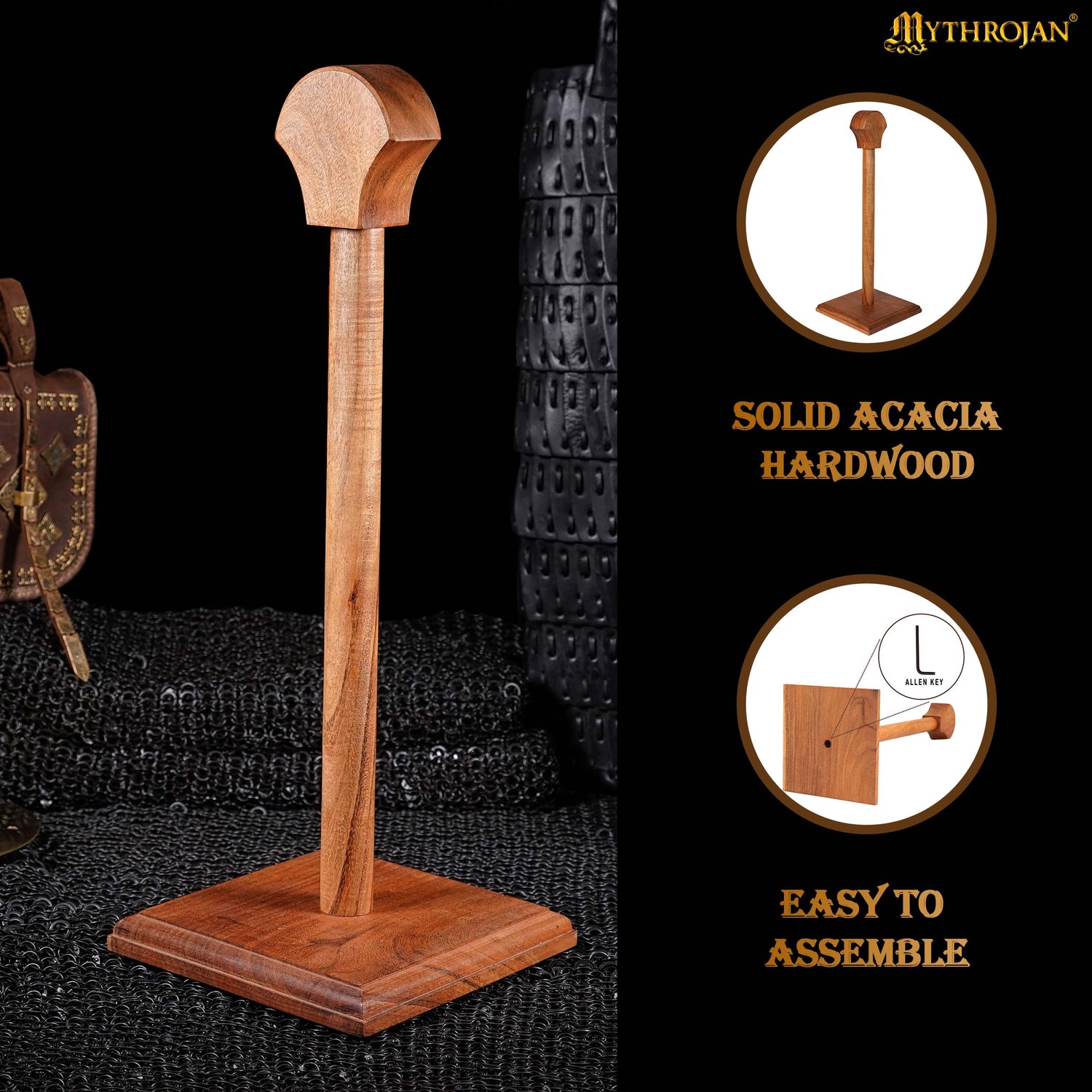 Mythrojan Wooden Helmet Stand Solid Medieval Roman Viking Helmet Display Stand Mask Display Templar Spartan Cosplay LARP Knight Stand - Natural