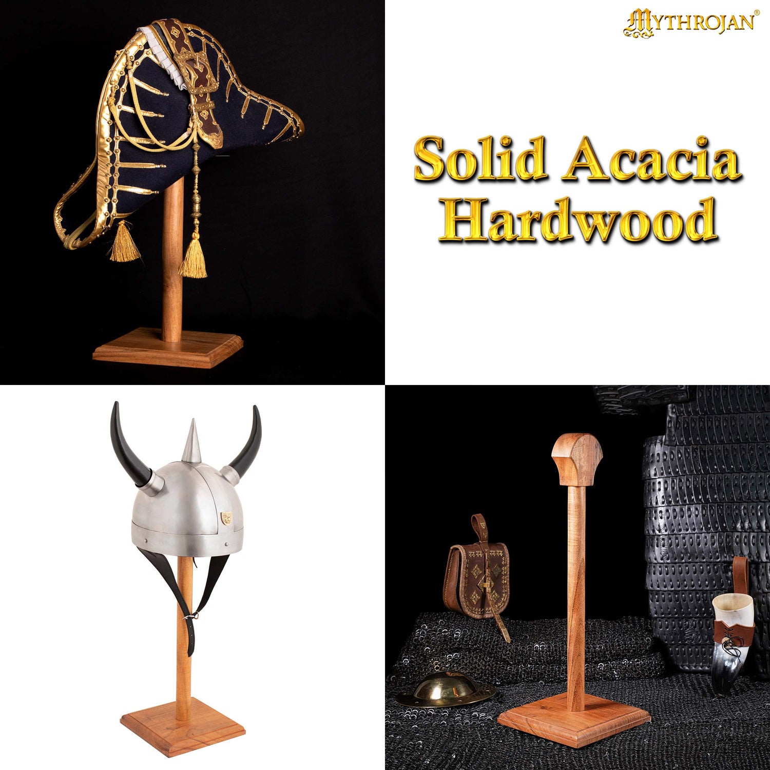 Mythrojan Wooden Helmet Stand Solid Medieval Roman Viking Helmet Display Stand Mask Display Templar Spartan Cosplay LARP Knight Stand - Natural