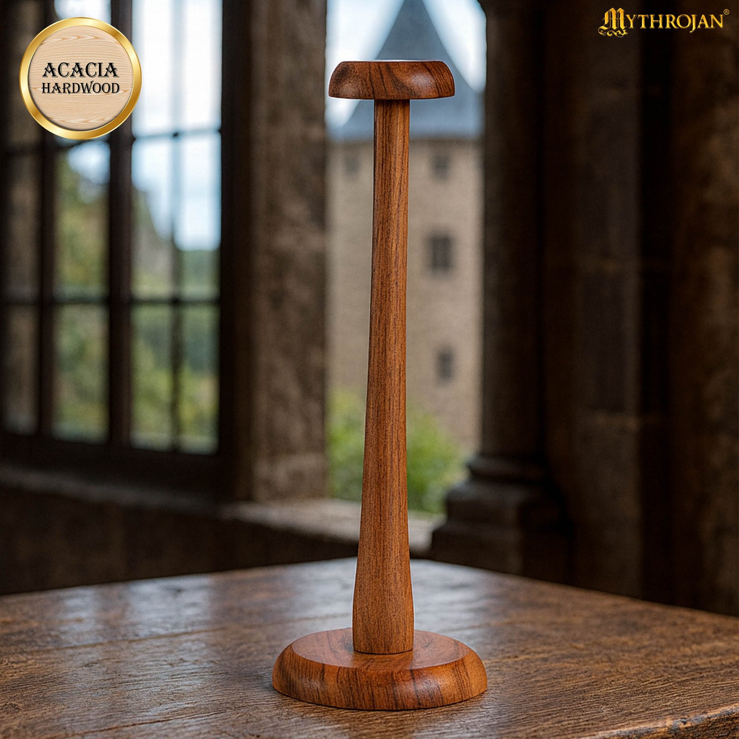 Mythrojan 14.5 Inch SOLID WOOD HAT DISPLAY STAND Sturdy Wooden Display Stand for Medieval Renaissance Cosplay Halloween Pin up Retro Hats - NATURAL