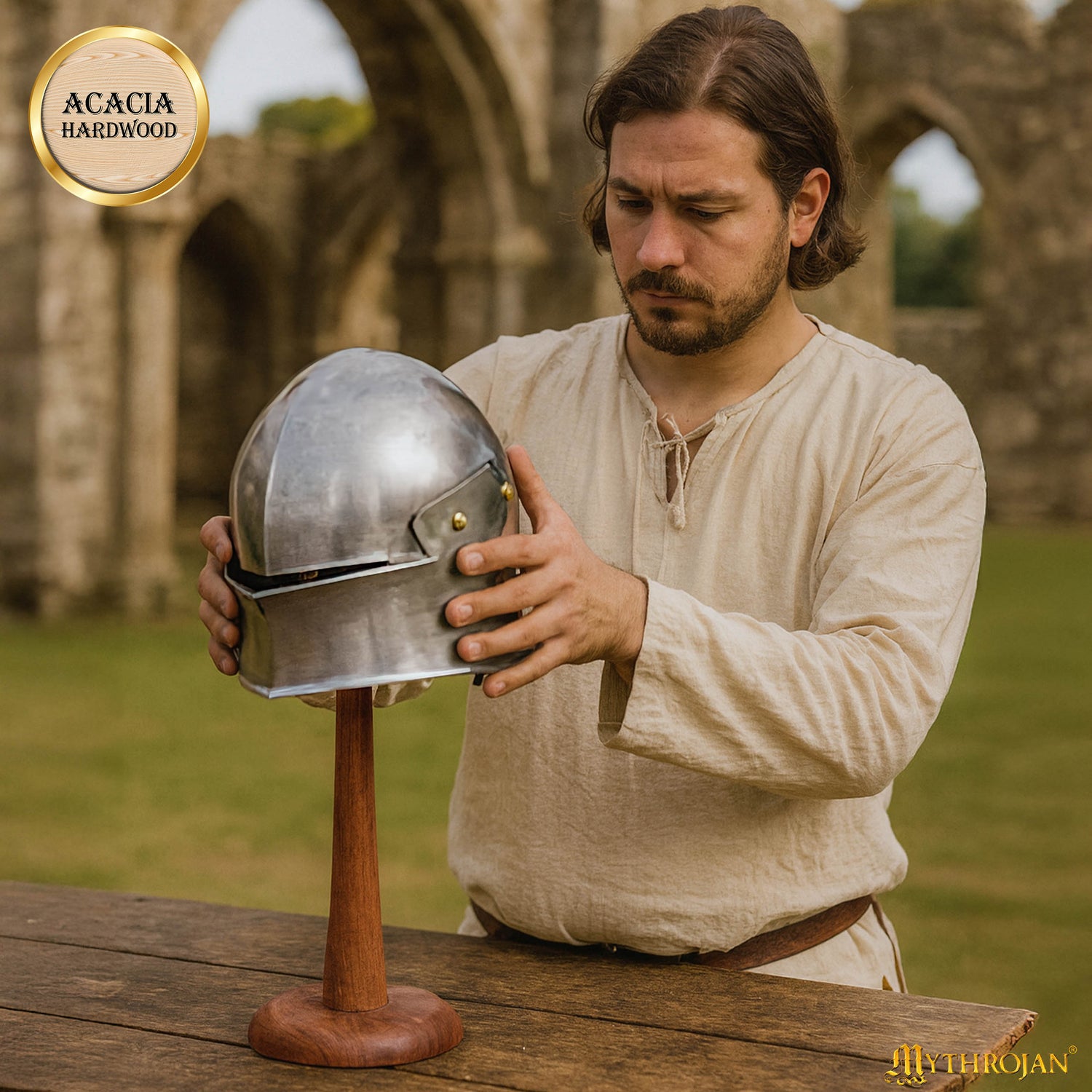 Mythrojan 14.5 Inch SOLID WOOD HAT DISPLAY STAND Sturdy Wooden Display Stand for Medieval Renaissance Cosplay Halloween Pin up Retro Hats - NATURAL