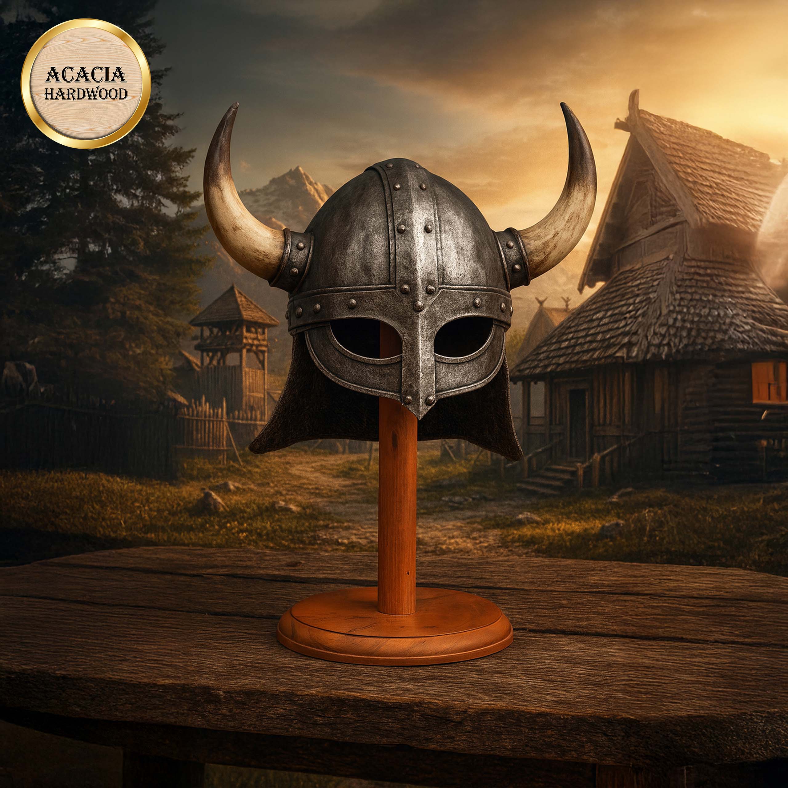 Mythrojan Wooden Helmet Stand Solid Medieval Roman Viking Helmet Display Stand Mask Display Templar Spartan Cosplay LARP Knight Stand - 13"