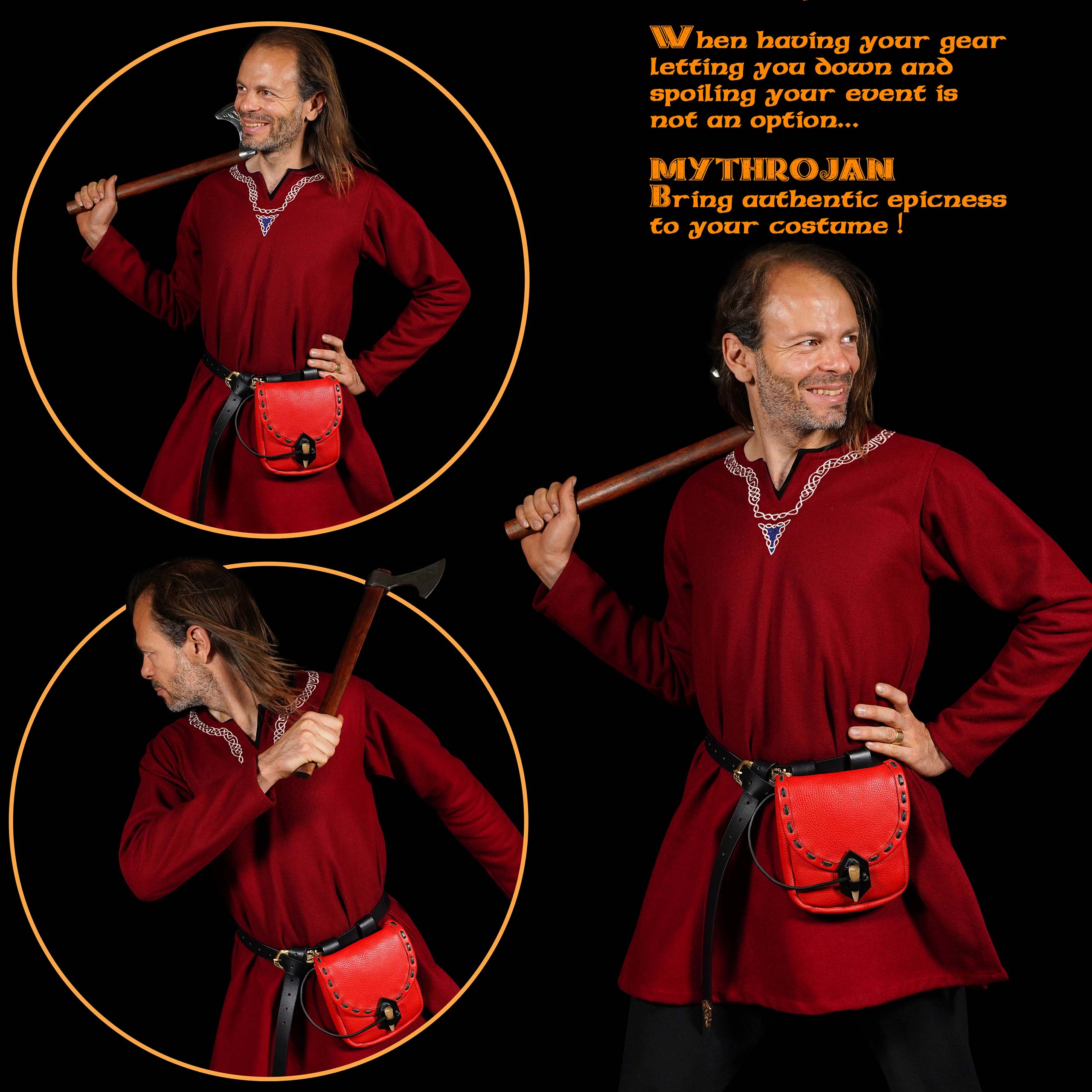 Mythrojan “The Adventurer’s” Belt Bag with Horn Toggle, Ideal for SCA LARP Reenactment & Ren fair, Full Grain Leather, Red, 8”x 7”