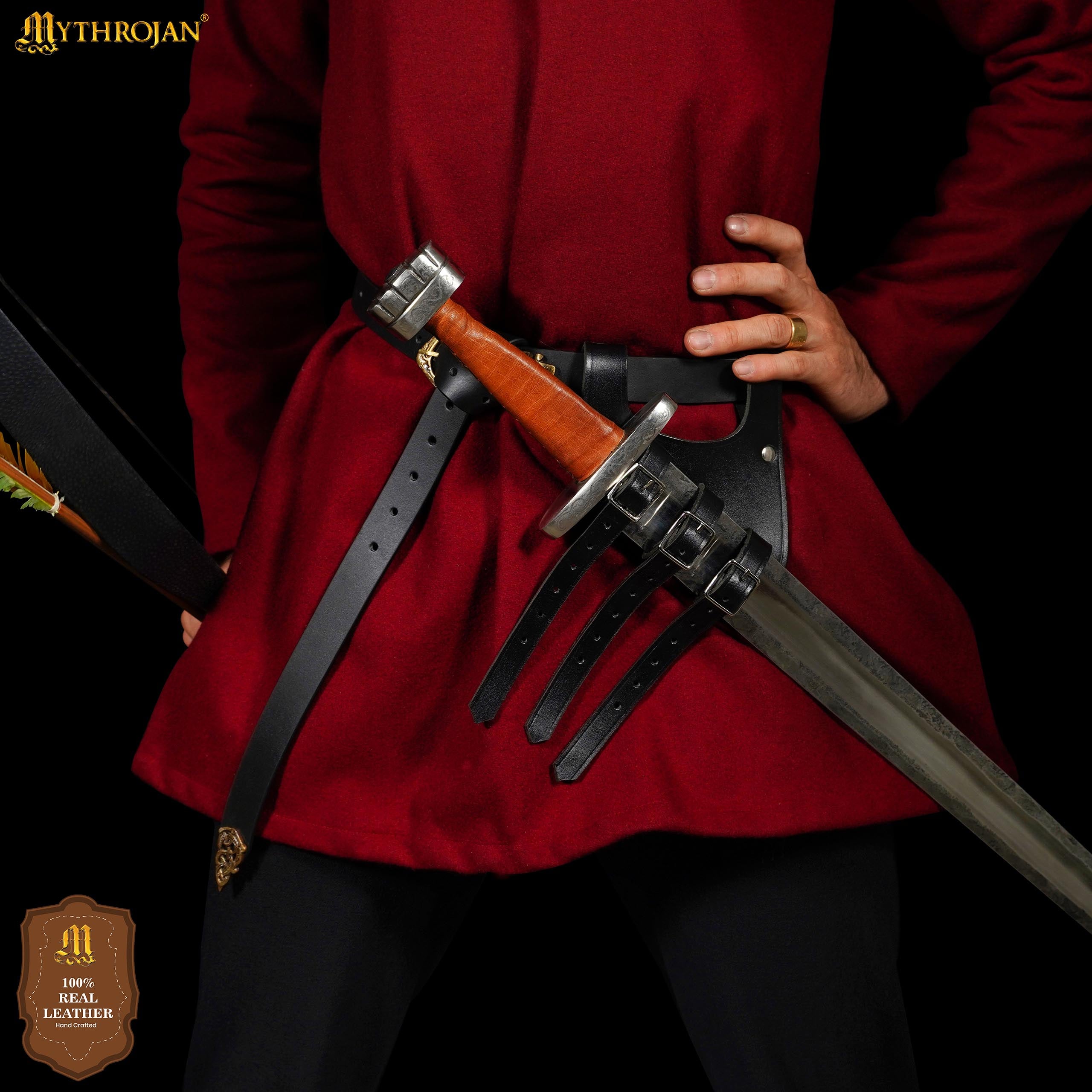 Mythrojan Renaissance Leather Sword Frog LARP Costume Accessory Rapier Knight Sword Belt - Black