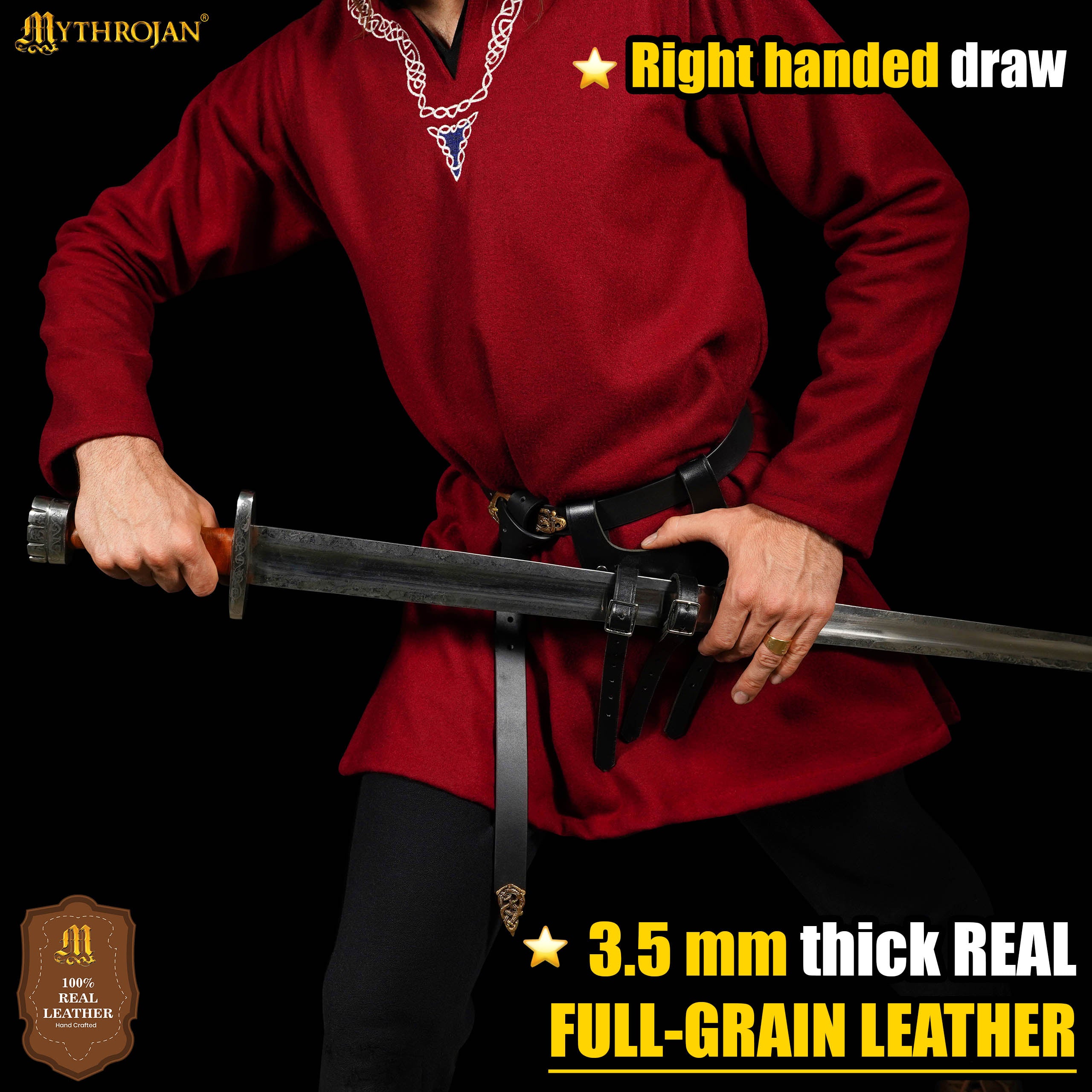 Mythrojan Renaissance Leather Sword Frog LARP Costume Accessory Rapier Knight Sword Belt - Black